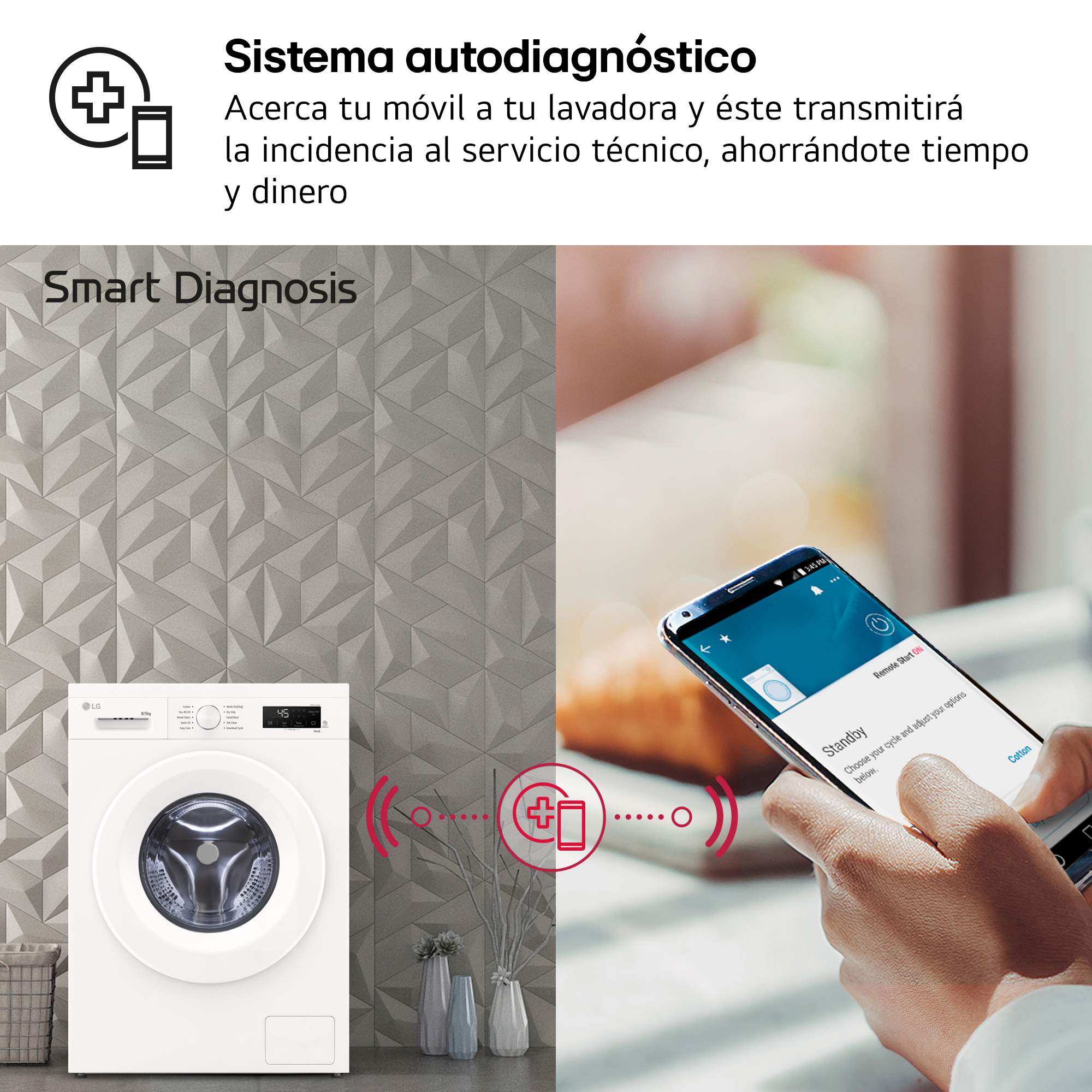 Una lavadora junto a una pared de azulejos y una mujer con un teléfono.
