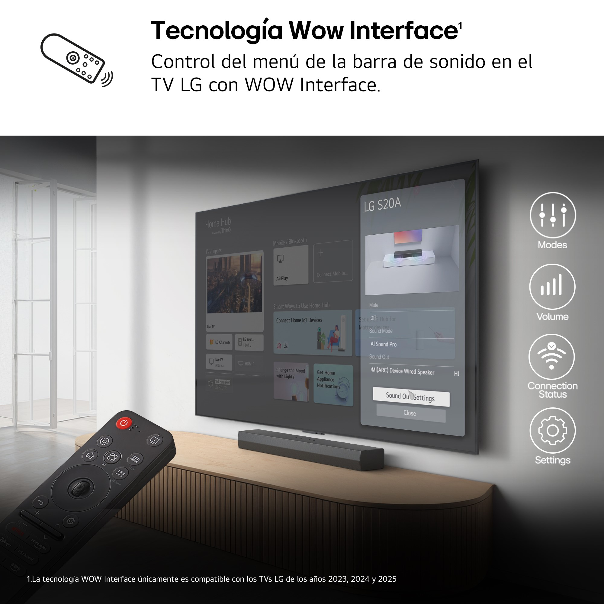 TV y mando a distancia. Texto: Interfaz Wow. Menú de TV en la pantalla.