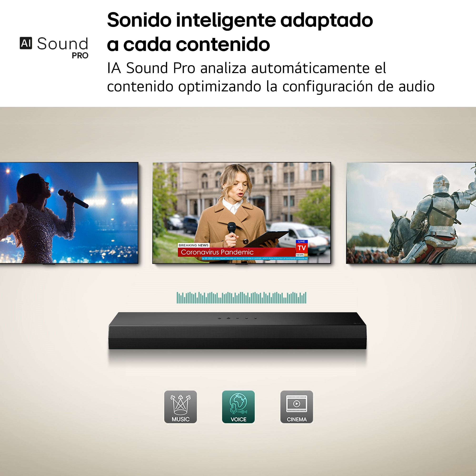 Barra de sonido con tres pantallas mostrando cantante, noticias y un caballero. Texto: AI Sound Pro.