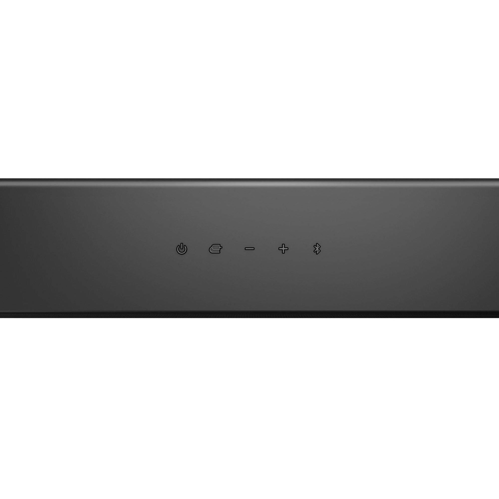 Barra de sonido negra con botones en la parte superior. Iconos de encendido, entrada, volumen y Bluetooth.