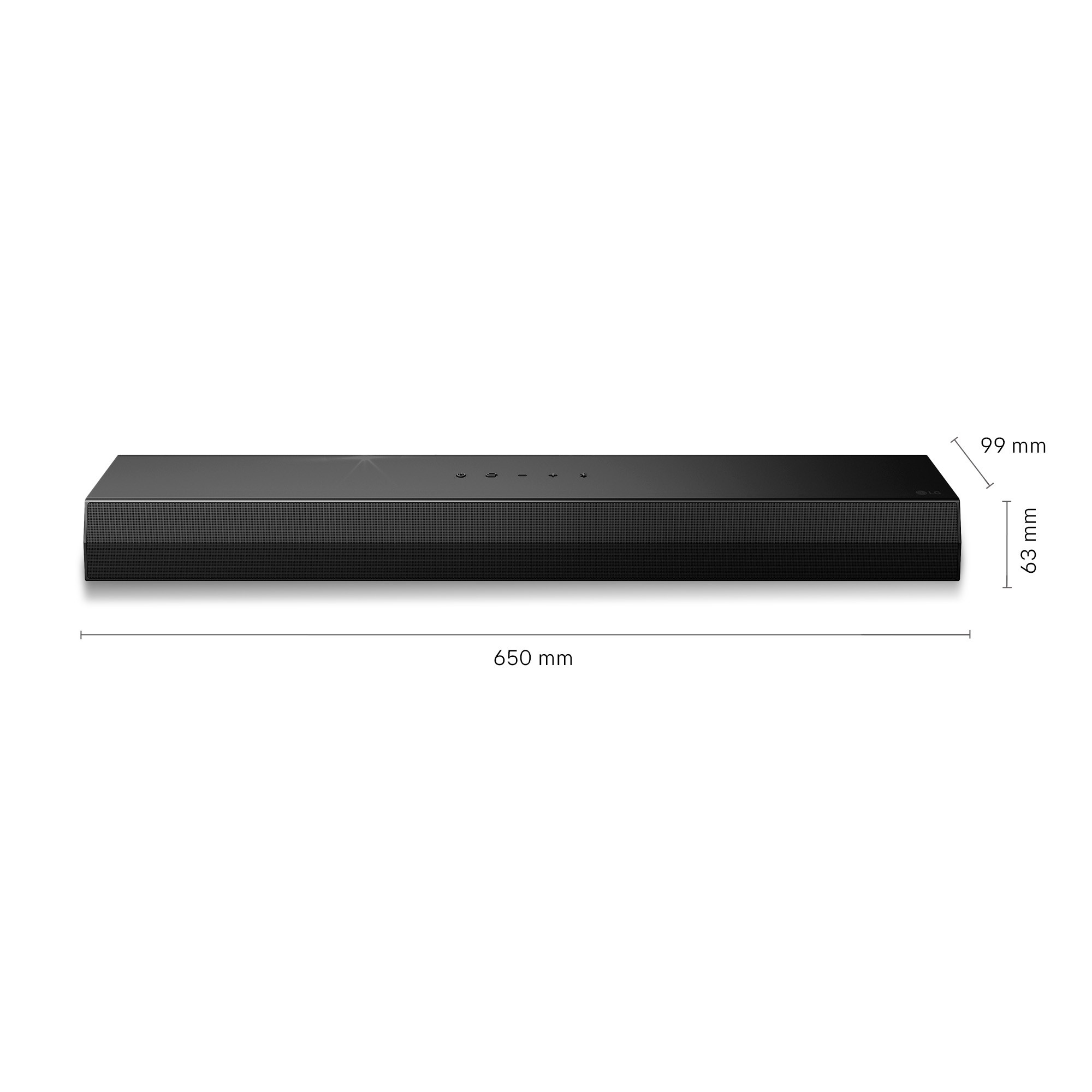 Barra de sonido negra con medidas: 650 mm de largo, 99 mm de alto y 63 mm de grosor.