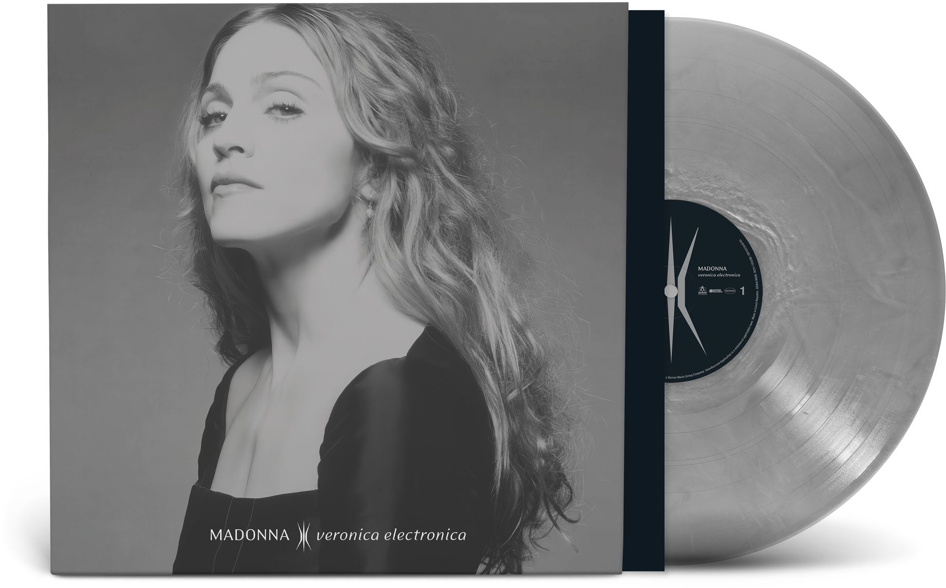 Madonna album borítója, fekete-fehér. A lemez jobbra látható. Az album címe: "Veronica Electronica".
