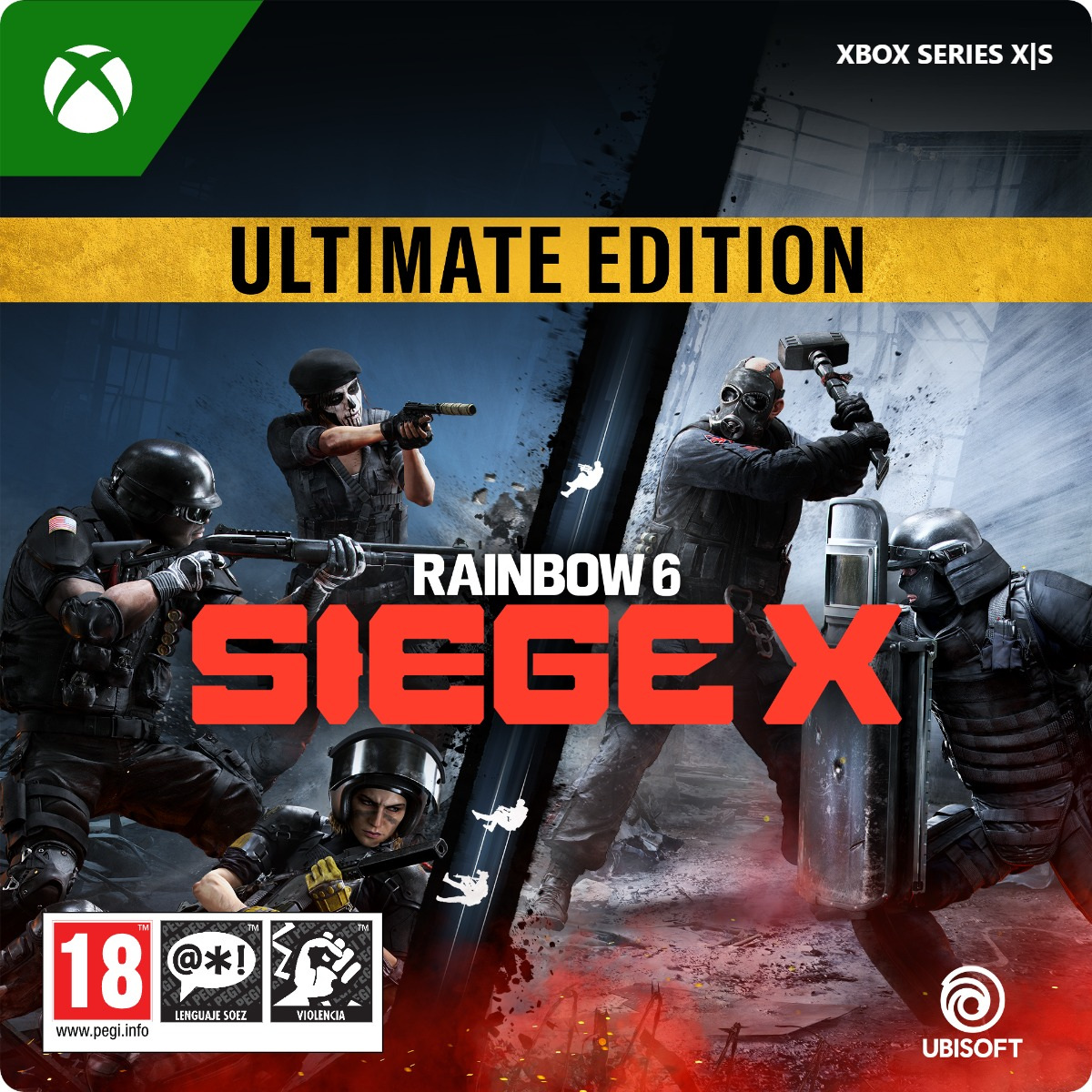 Portada del juego con soldados armados en acción. Texto 'Rainbow Six Siege X' y 'Ultimate Edition' visibles.