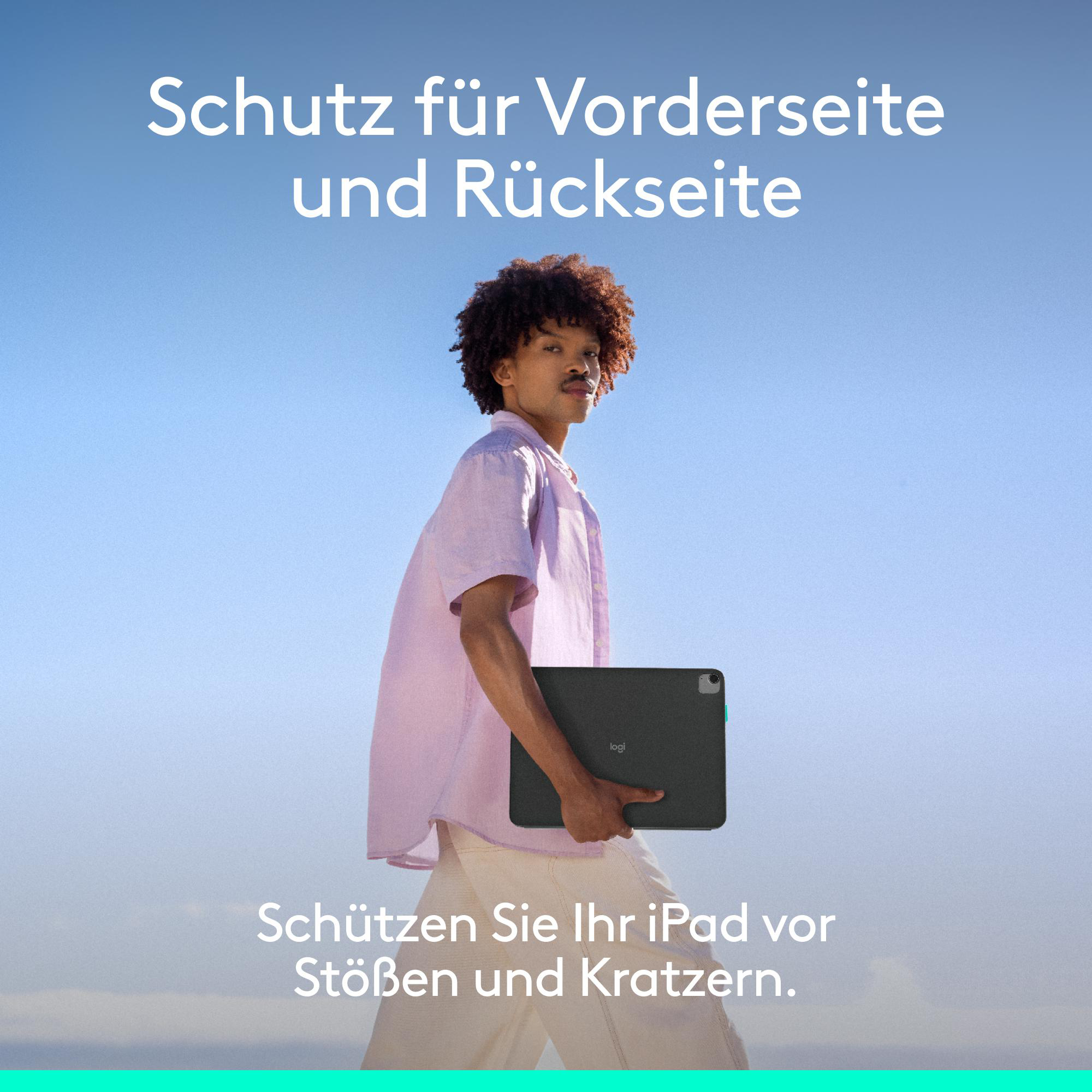 Ein Mann hält ein Tablet. Der Text lautet 'Schutz für Vorderseite und Rückseite'. (Schutz für Vorder- und Rückseite)