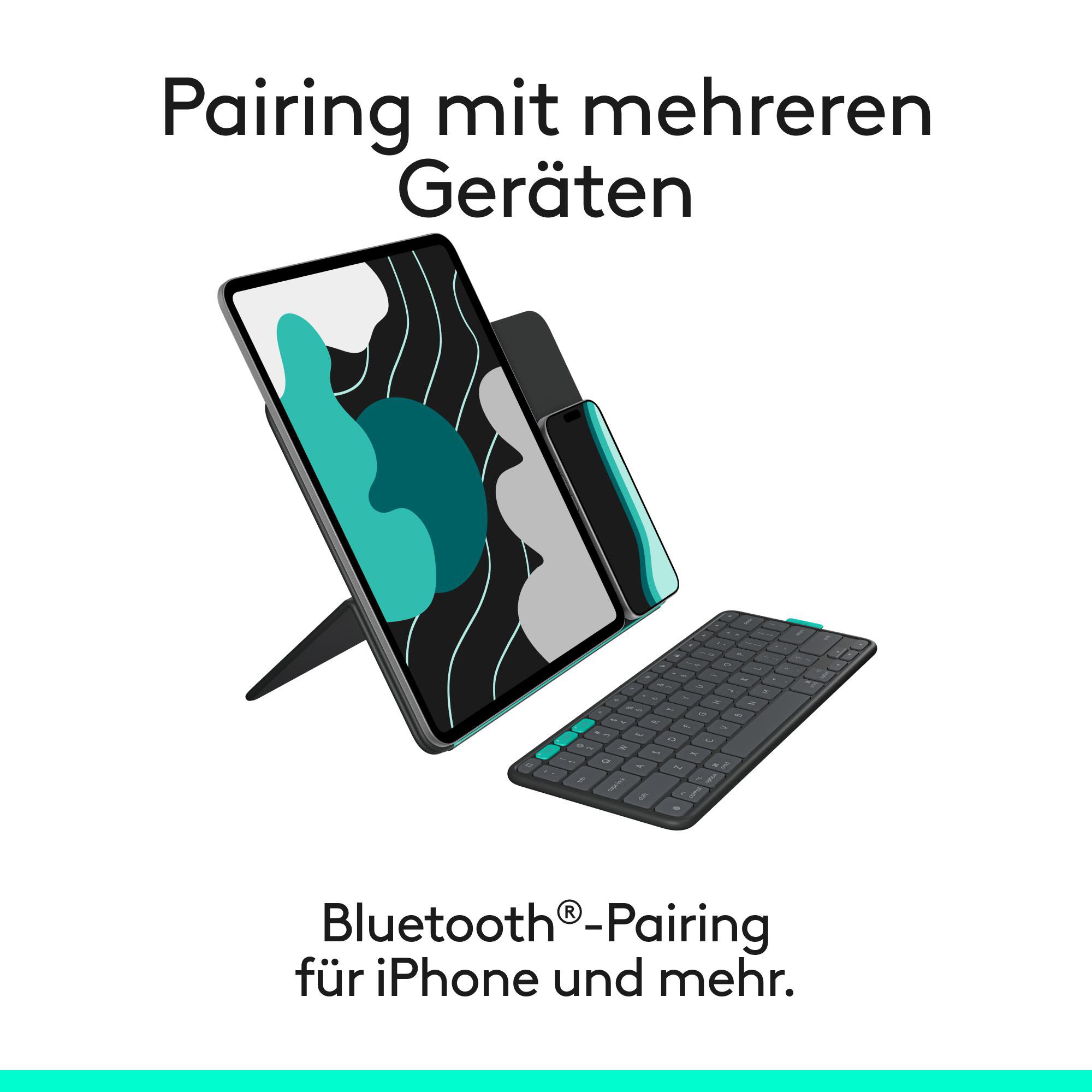 Ein iPad und ein Telefon auf Ständern mit einer Tastatur. Der Text lautet 'Pairing mit mehreren Geräten'.