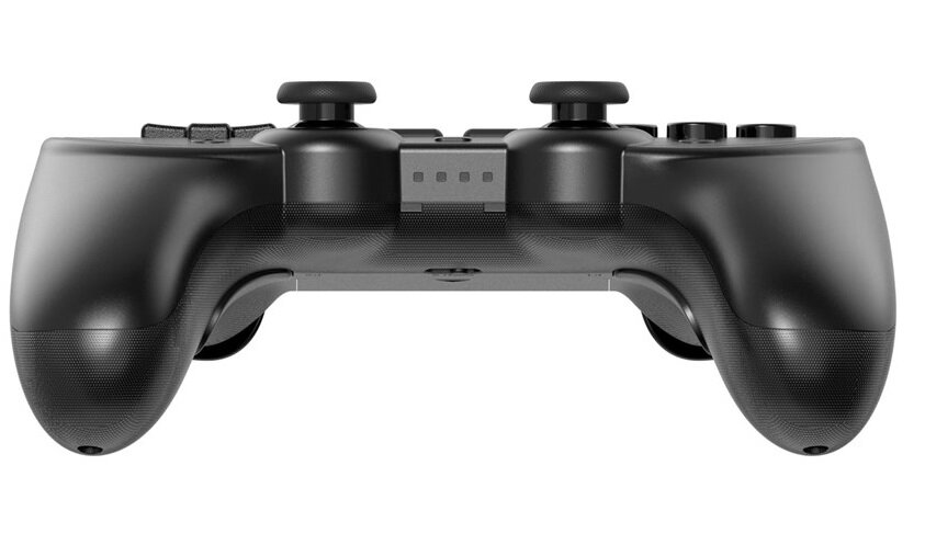 Widok z tyłu czarnego gamepada 8BitDo Pro 2. Ukazuje tył kontrolera z uchwytami i górnymi przyciskami.