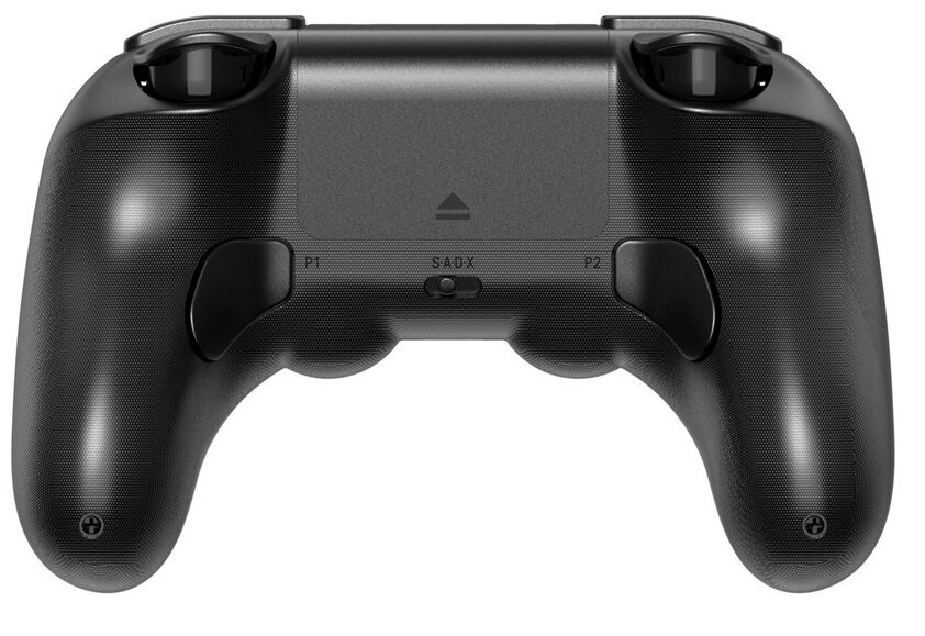 Widok z tyłu czarnego gamepada 8BitDo Pro 2. Ukazuje tył z przyciskami P1, P2 i przełącznikiem.