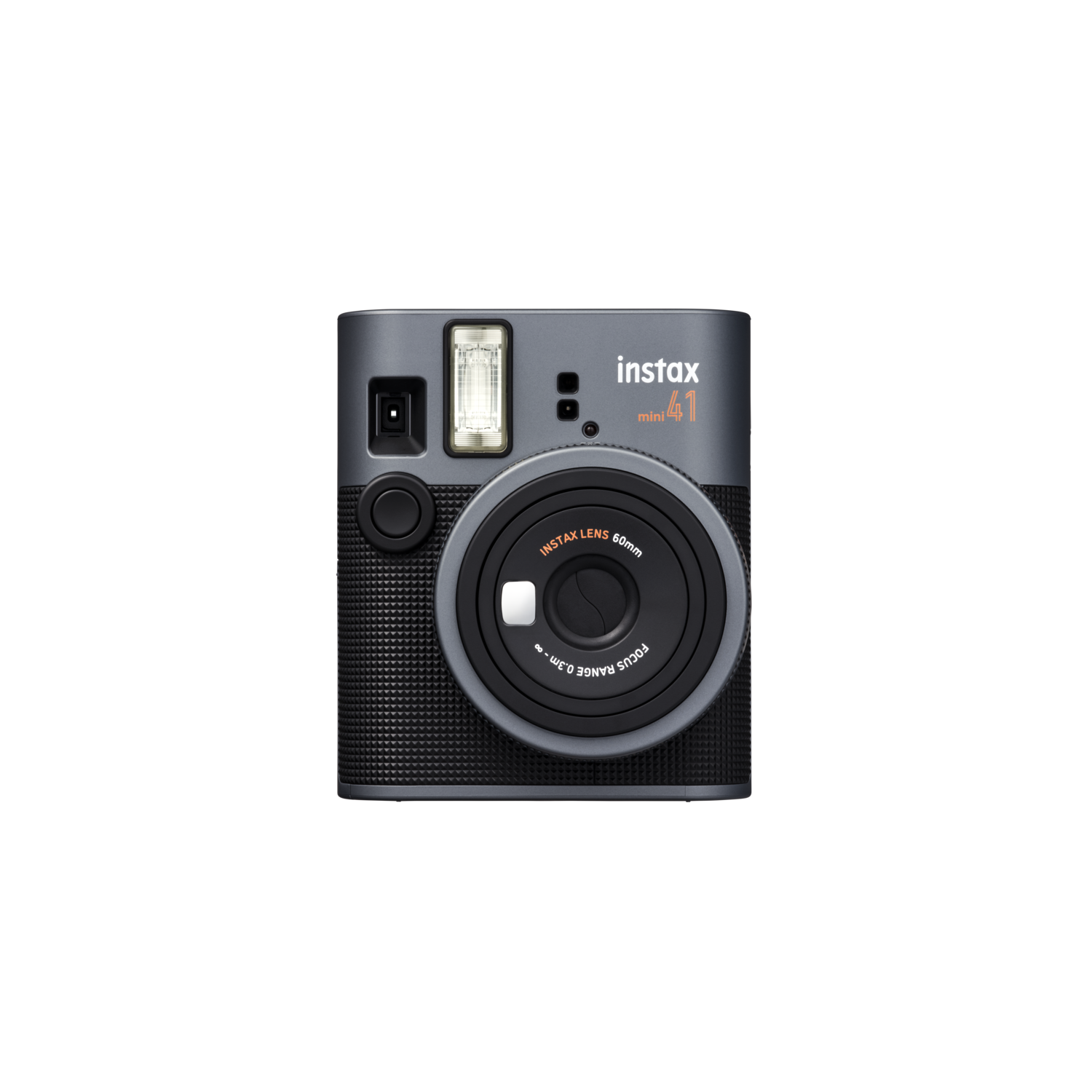 Instax mini 41 camera, grijs en zwart, lens en flitser zichtbaar.