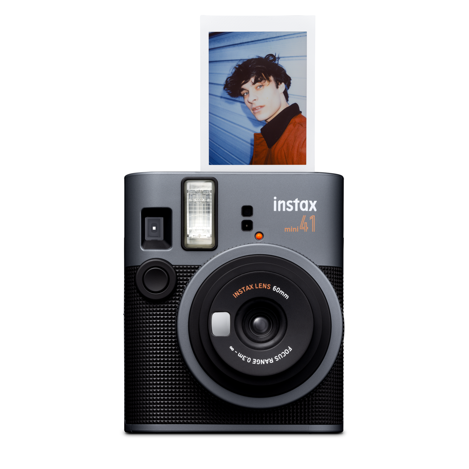 Instax mini 41 camera, a photo is ejected with a person.