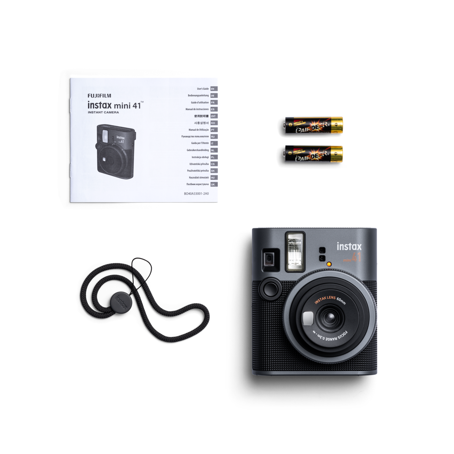 A set of Instax mini 41 camera, accessories and the manual.