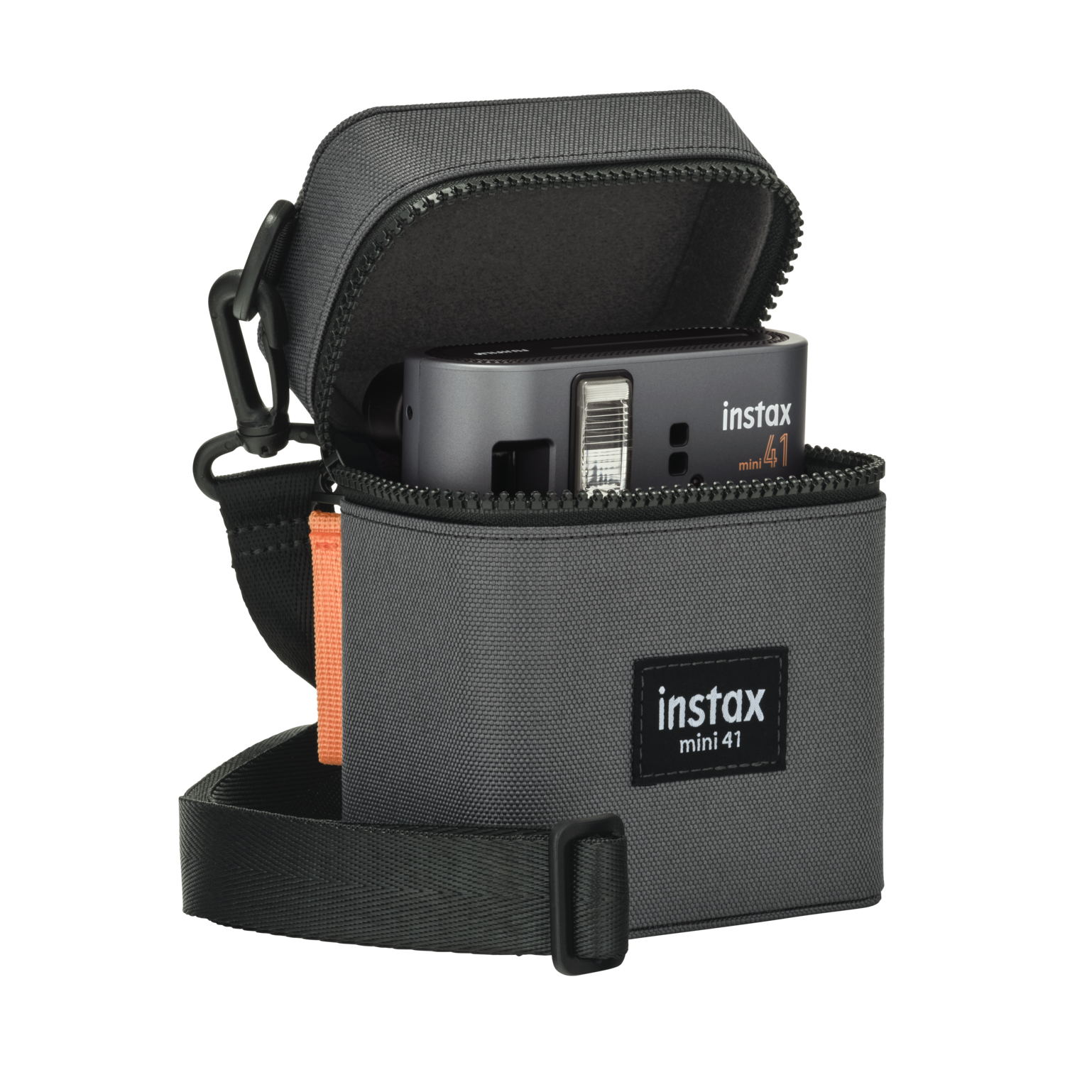 Een open grijze Instax Mini 41 camerahoes met een zwarte riem en een oranje accent.