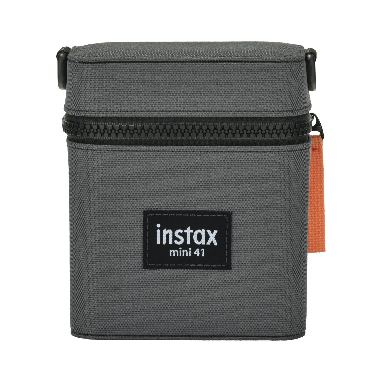 Een grijze Instax Mini 41 camerahoes is gesloten. Hij heeft een zwarte rits en een oranje accent.