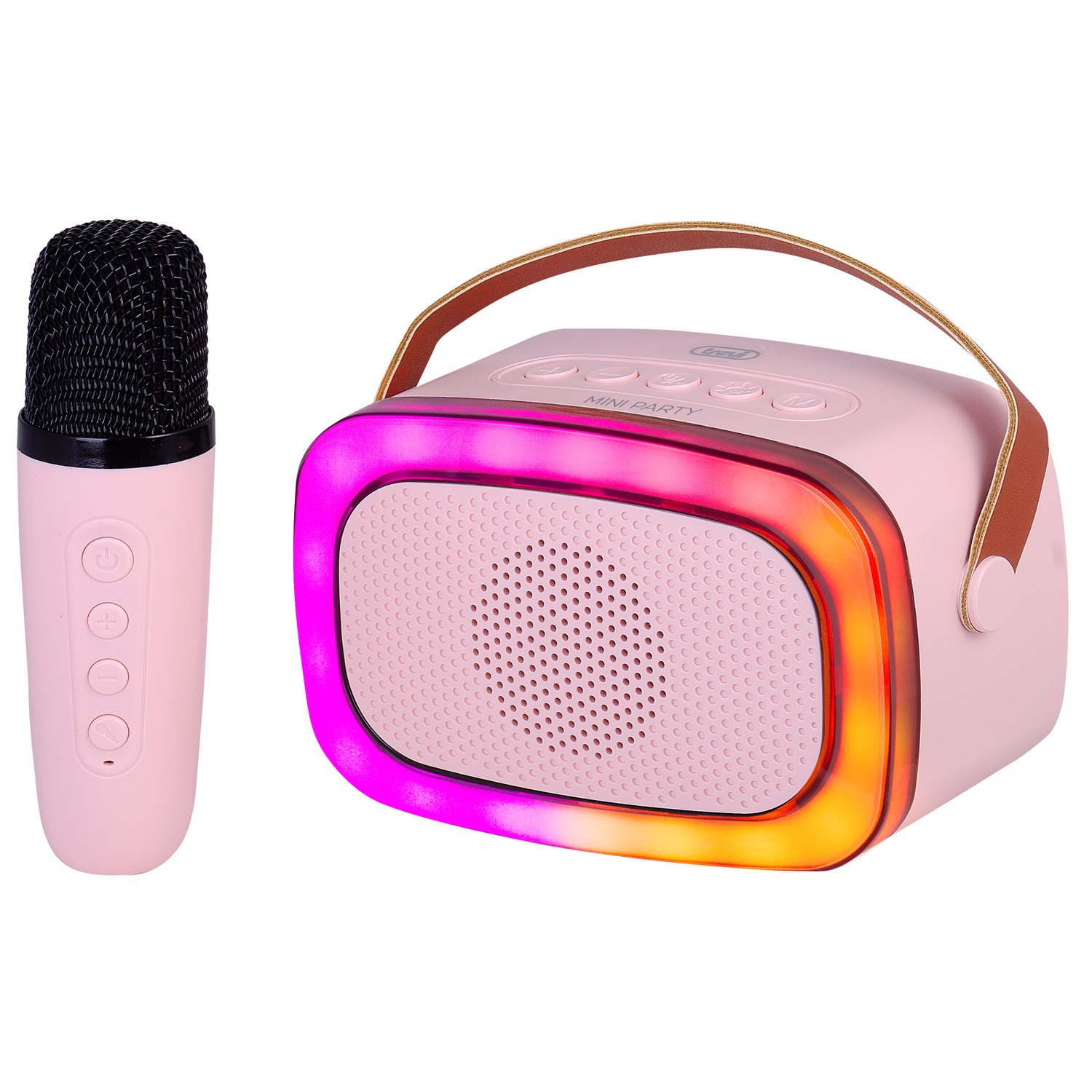 A pink mini party speaker with a microphone, rainbow lights, and a handle.