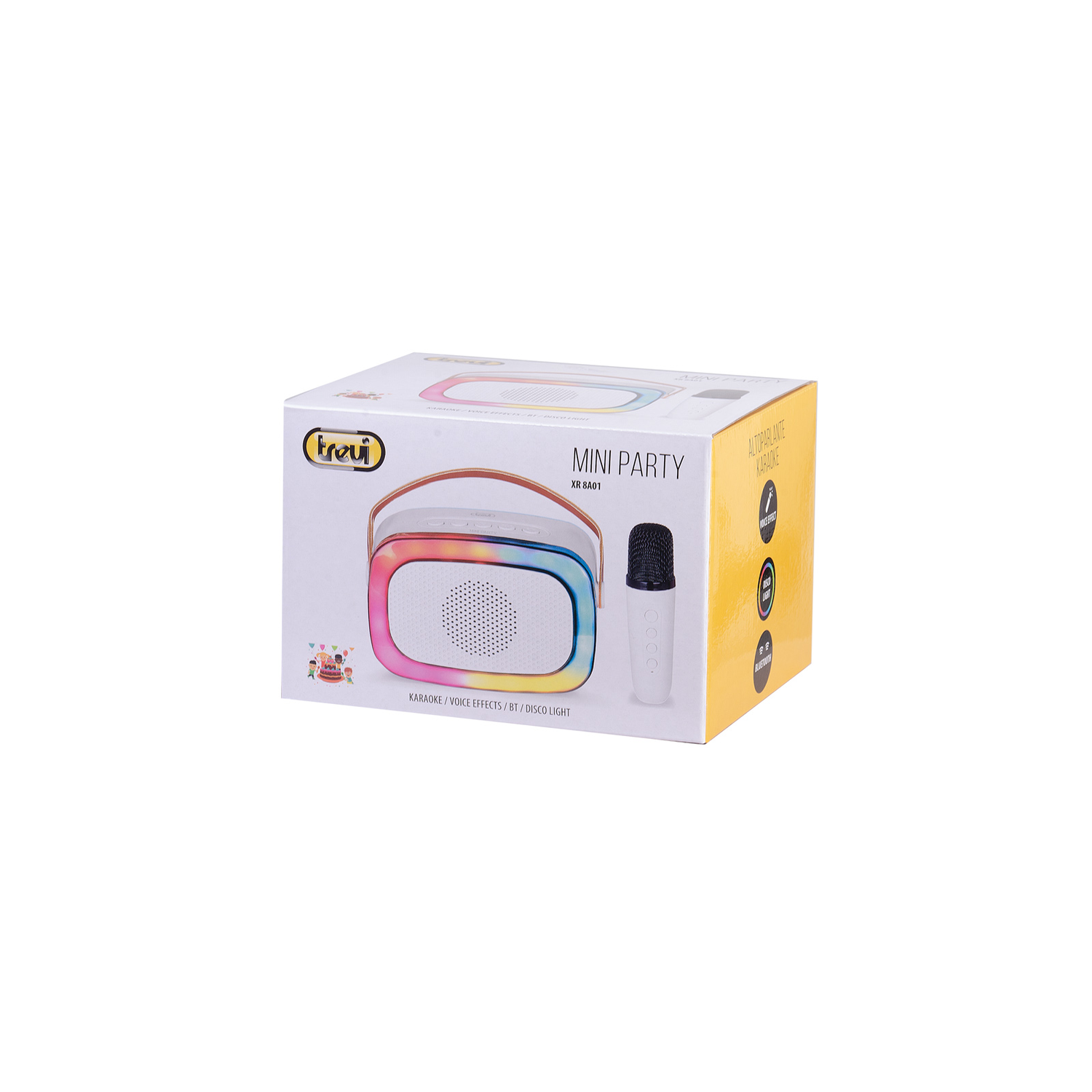 A product box of the mini party speaker with a microphone and rainbow lights.