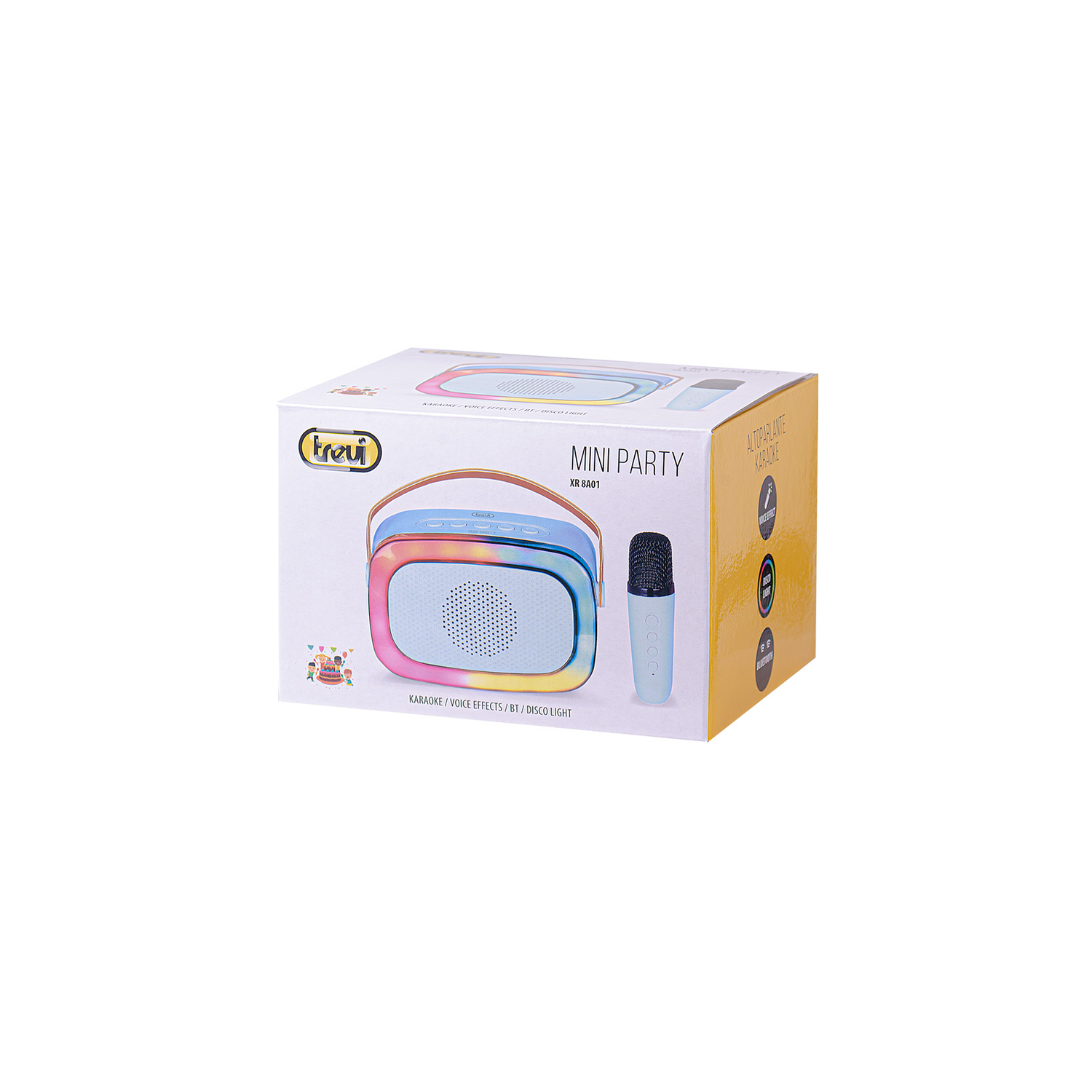 A box with a karaoke speaker and microphone set. The box has colorful graphics. The set is labeled Mini Party.