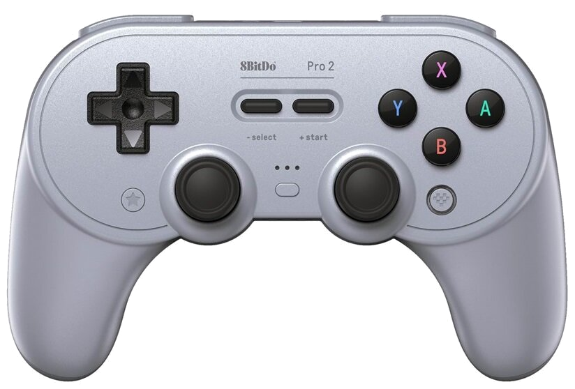 Jasnoszary gamepad 8BitDo Pro 2, z przyciskami X, Y, A, B i D-padem. Dwa analogowe drążki i przyciski select/start.
