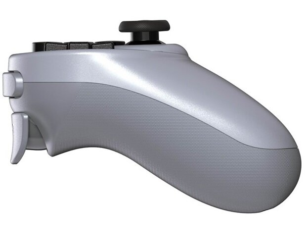 Widok z profilu jasnoszarego gamepada 8BitDo Pro 2. Ukazuje boczną perspektywę przycisków i uchwytu.