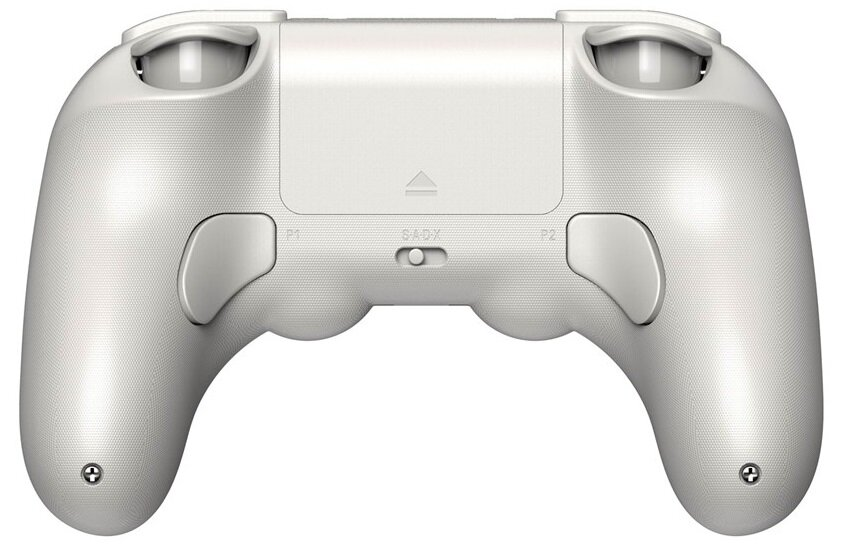 Tył białego gamepada. Ma przyciski P1 i P2 oraz przełącznik. Powierzchnia jest teksturowana.