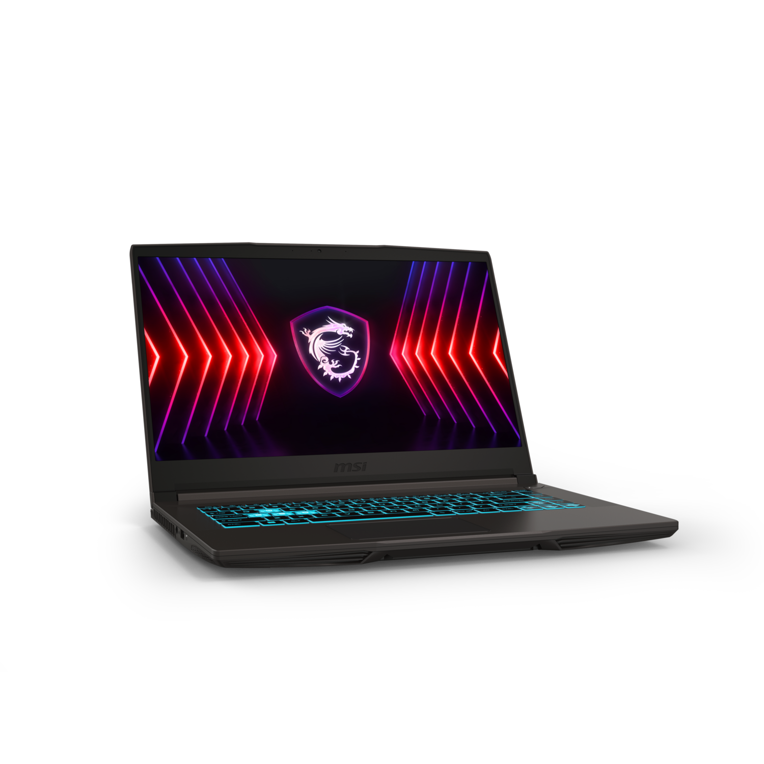 A black MSI laptop, screen displaying a logo and colorful lines, set against black backdrop.