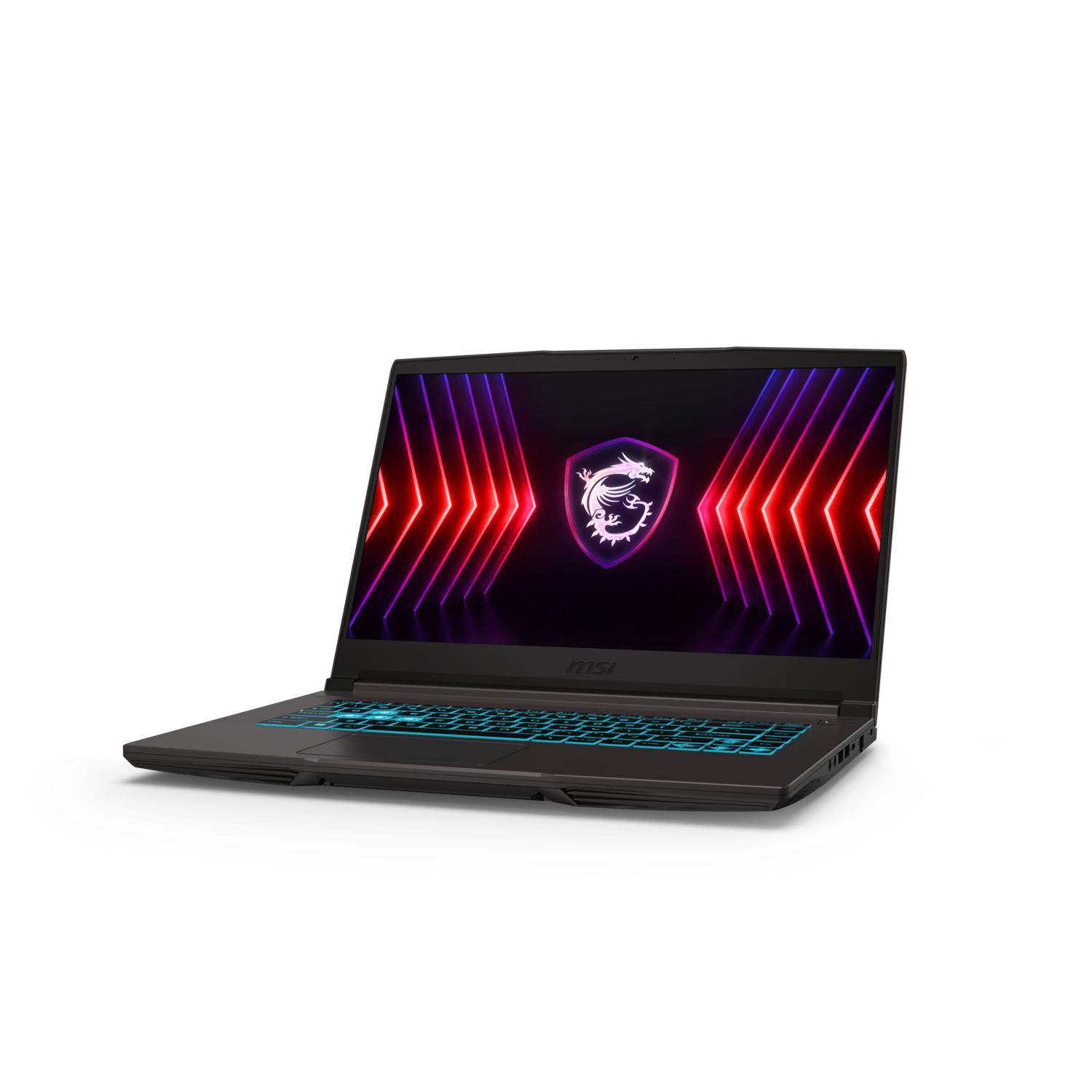 A black MSI laptop, screen displaying a logo and colorful lines, set against black backdrop.