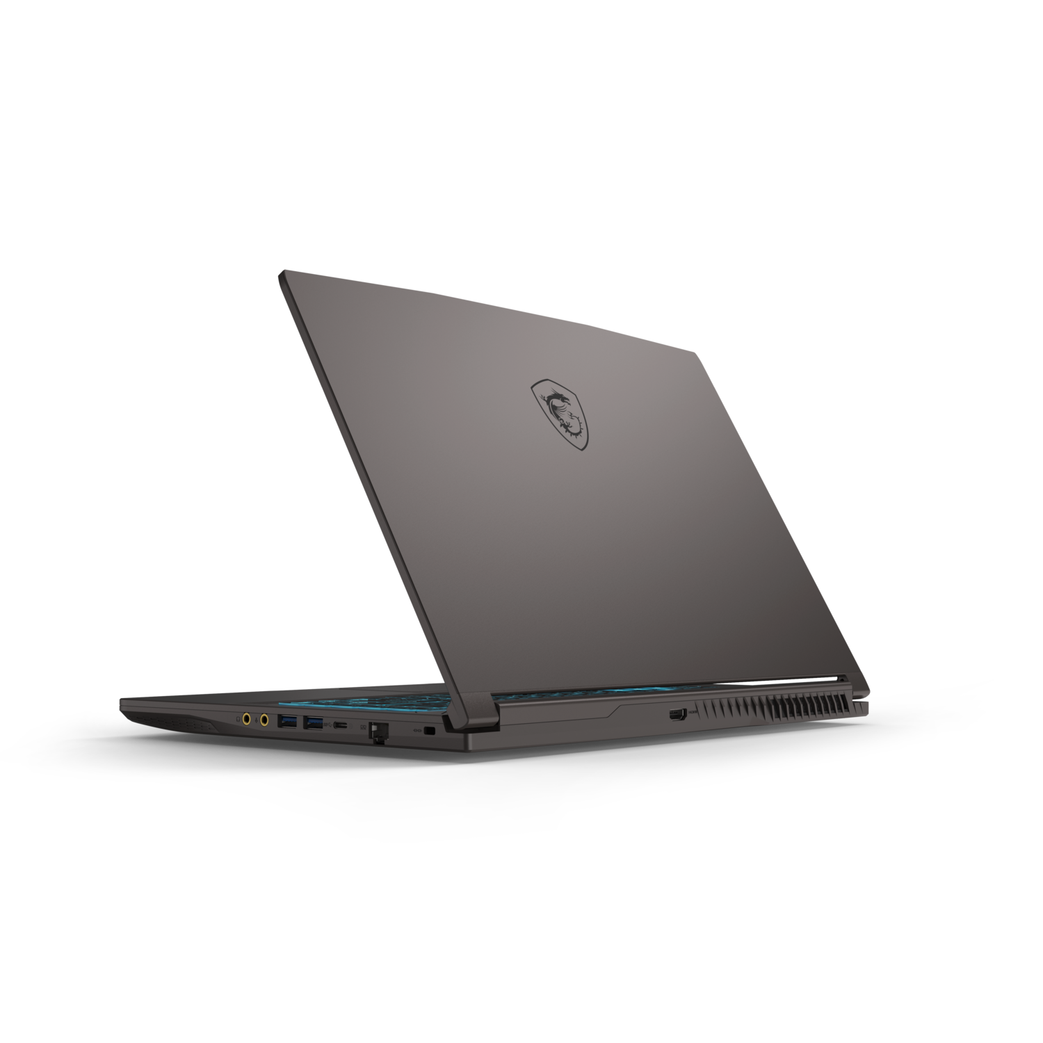 Top view of a closed black MSI laptop with logo on the lid, set against black.
