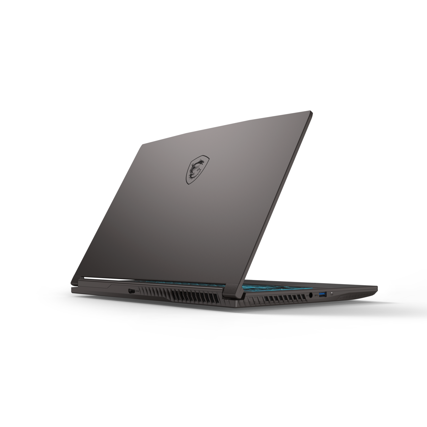 A black MSI laptop, screen displaying a logo and colorful lines, set against black backdrop.
