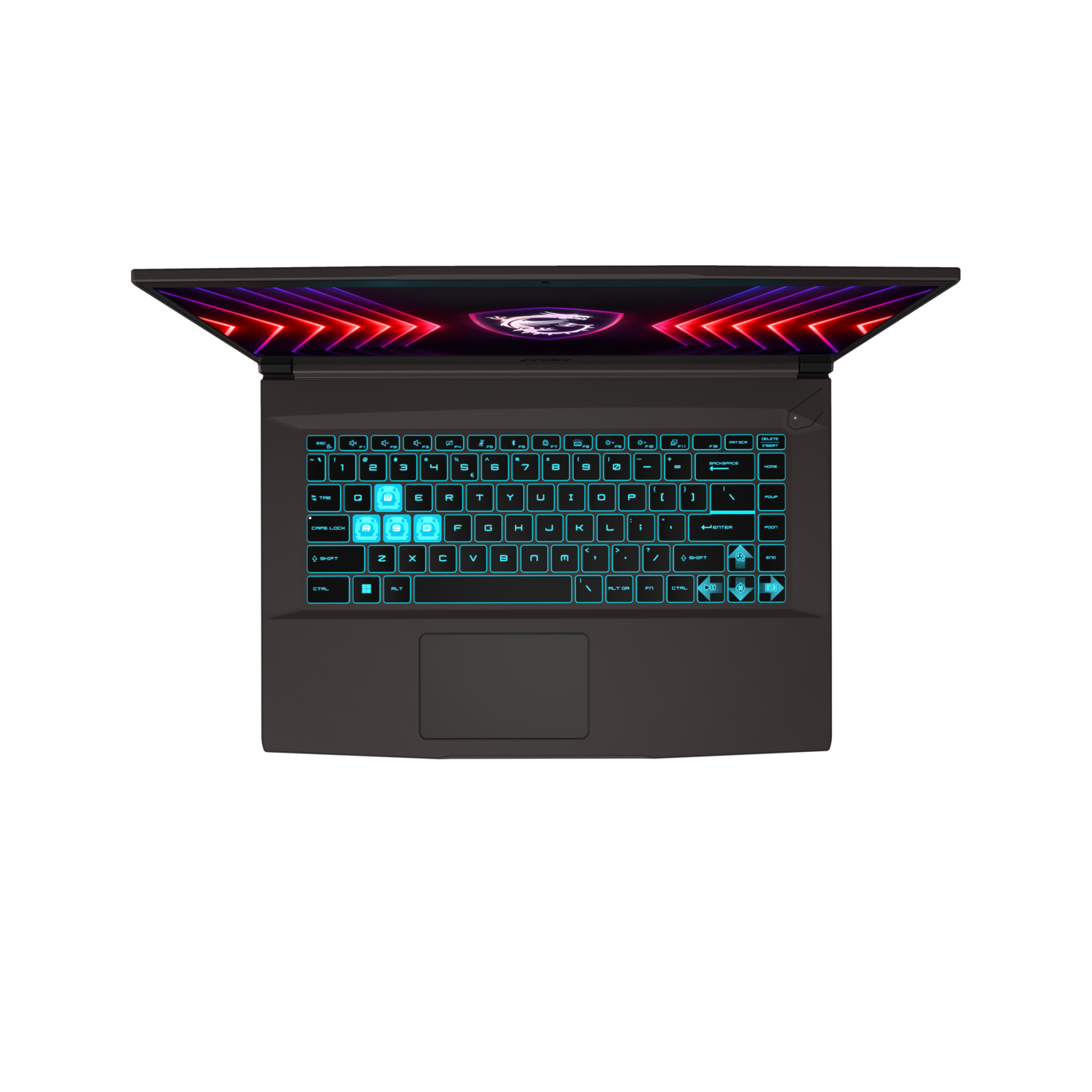 Top view of a black laptop with a glowing keyboard and screen, on a black background.