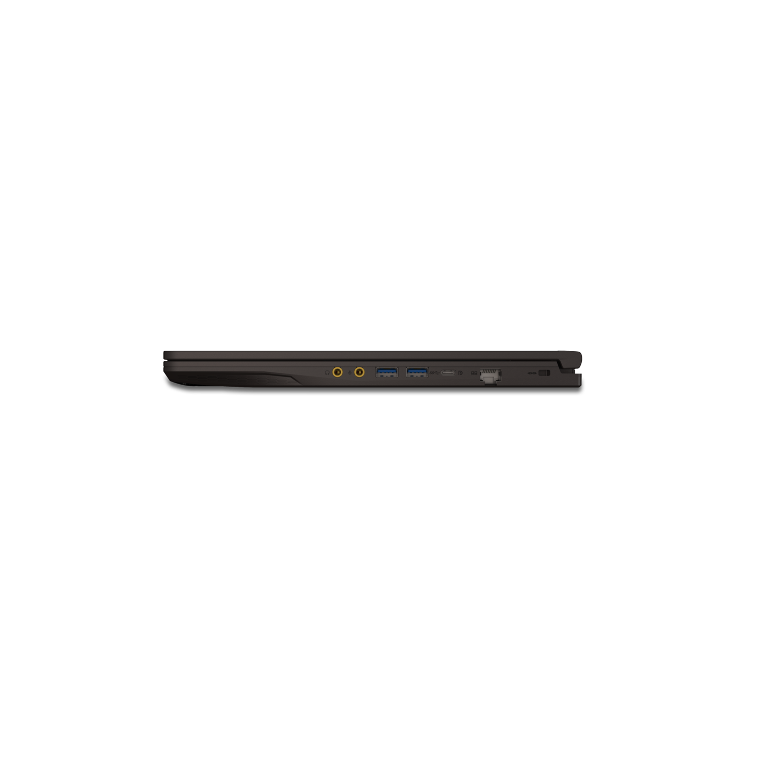 Side view of a closed black laptop showing ports against a black background.