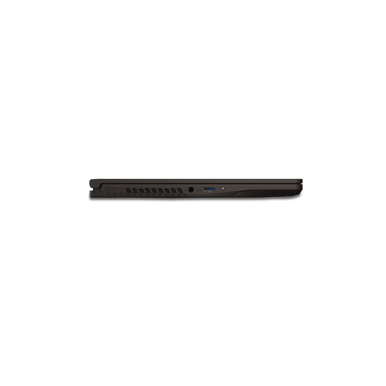 Side view of a closed black laptop against a black background, showing ports.