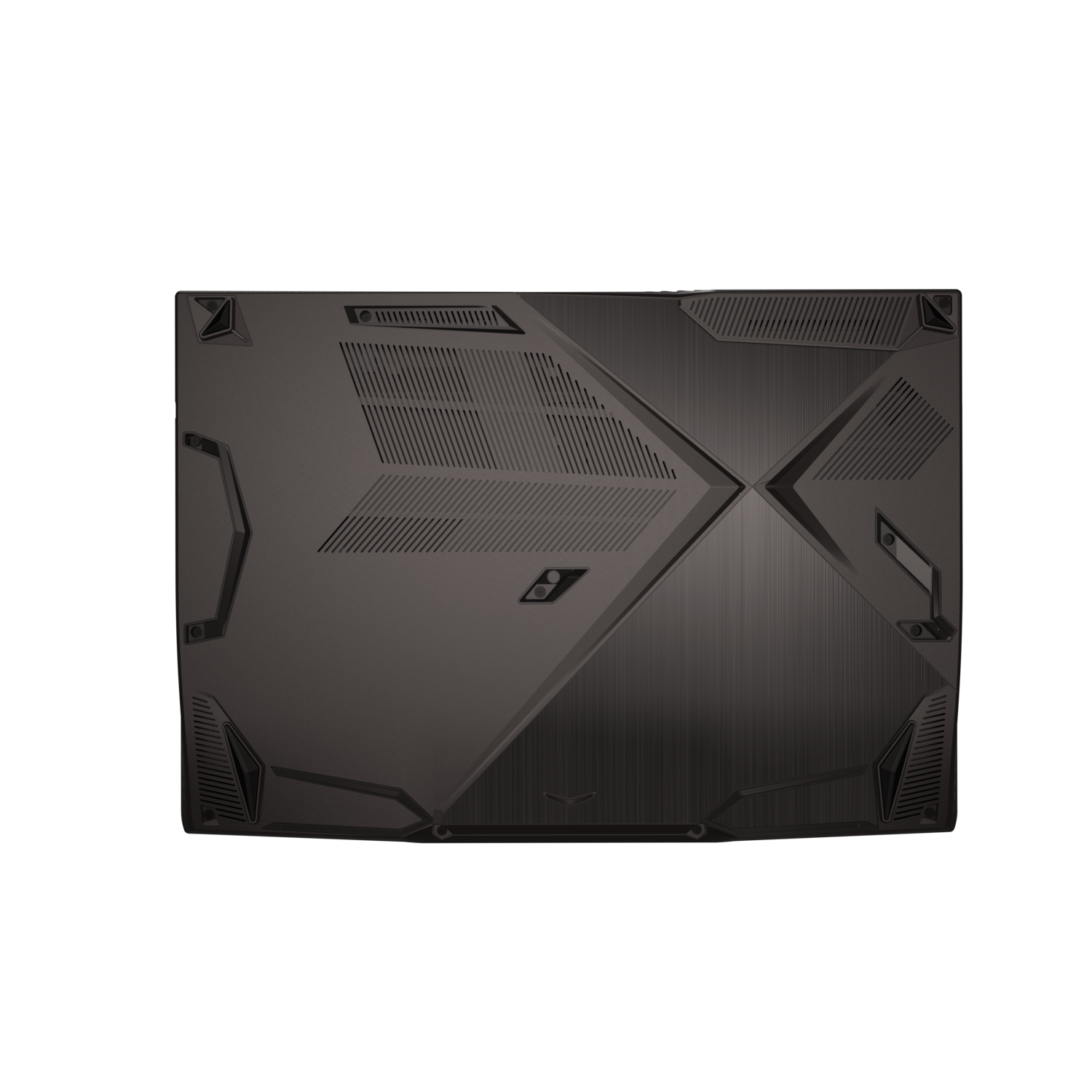 Top view of a black laptop's back with design elements against a black background.