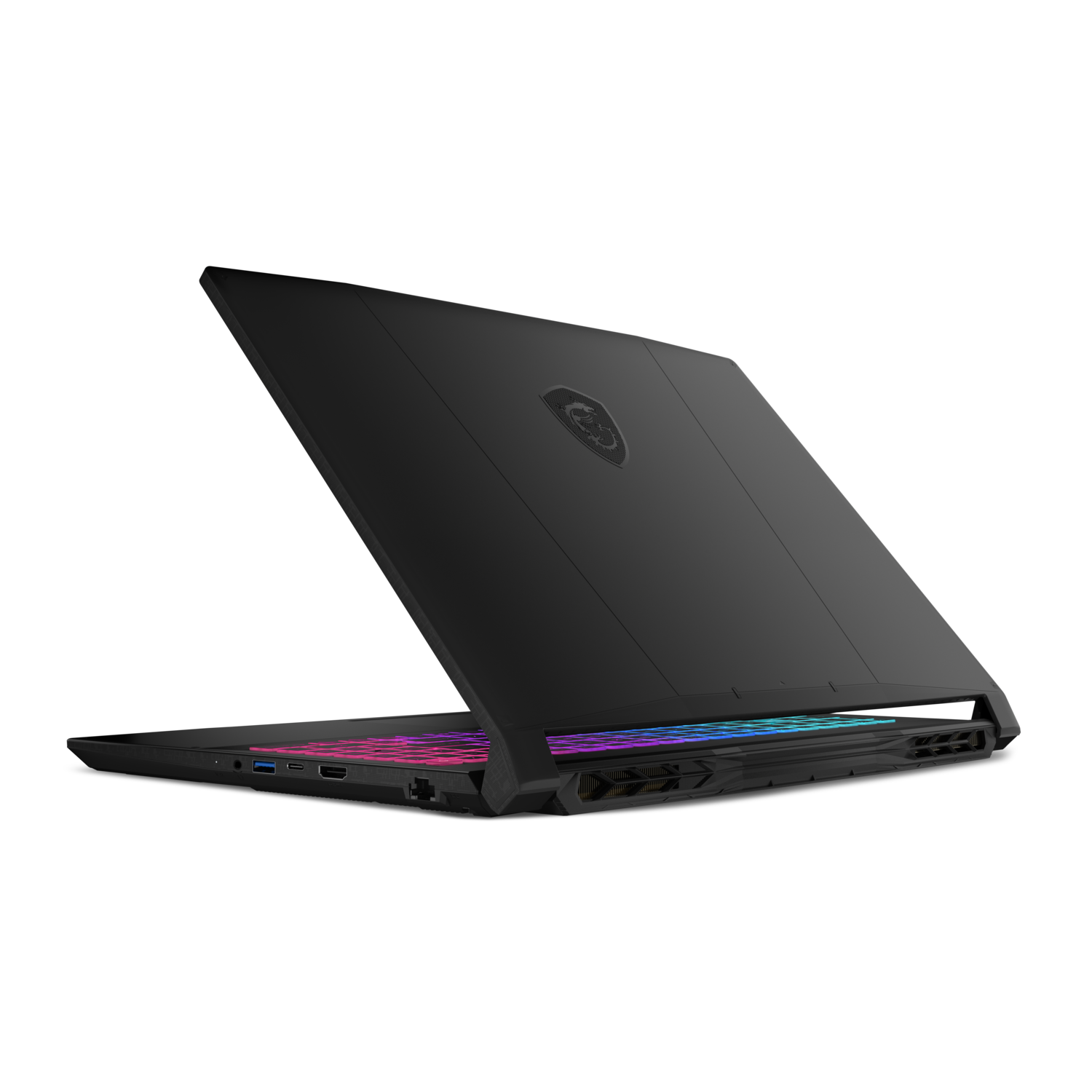 Back view of a black laptop with open lid on a black background, showing keyboard.