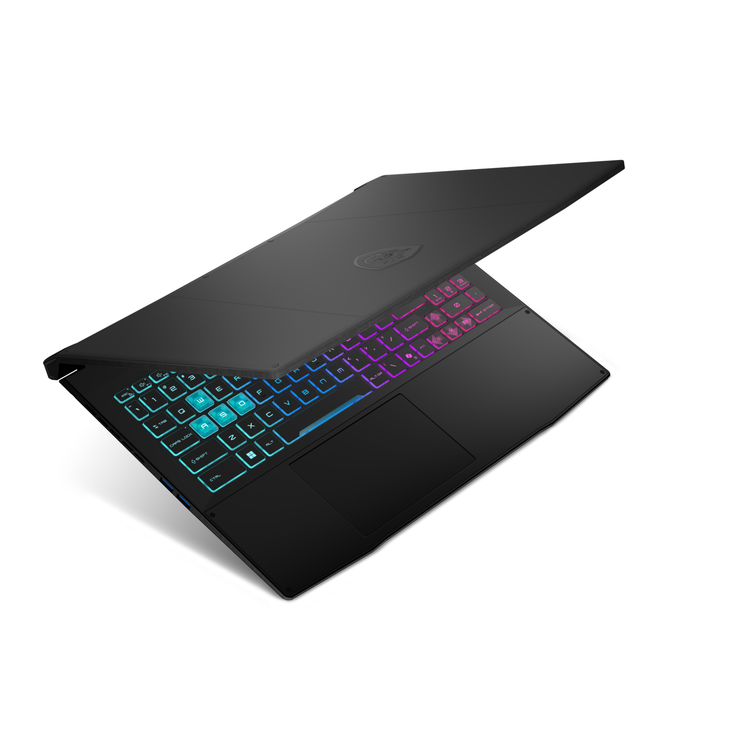 Angled view of a black laptop with an open lid showing glowing keyboard on black.