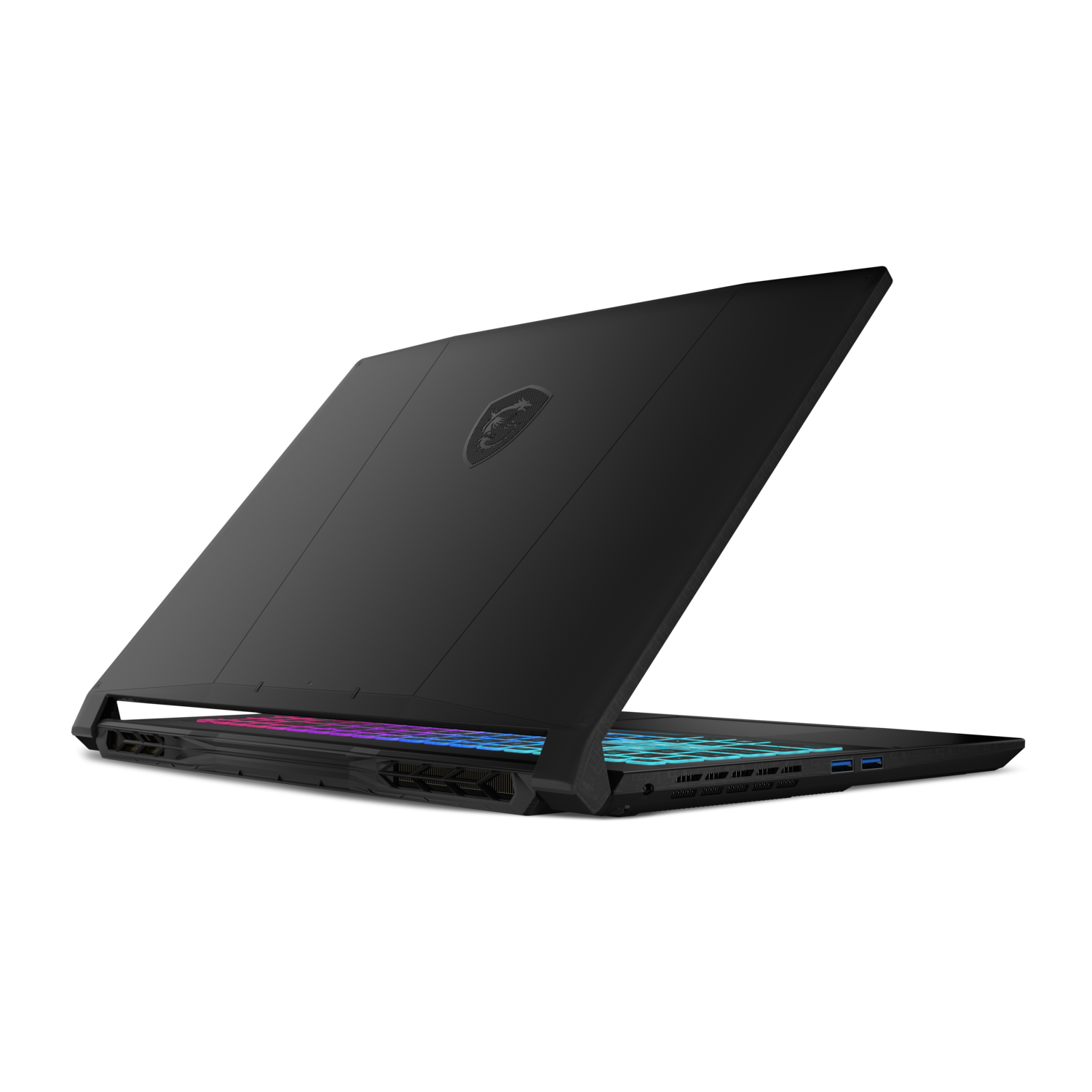 Back view of a black laptop with an open lid showing keyboard on a black background.