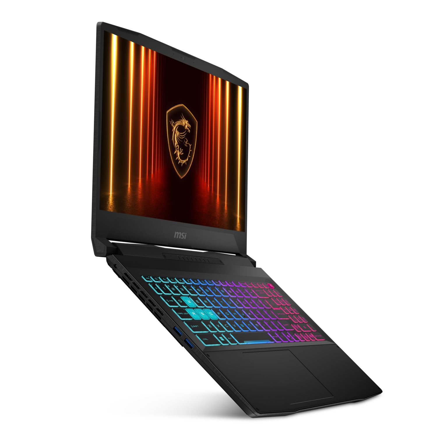 Angled view of a black laptop with a glowing screen and keyboard on a black background.