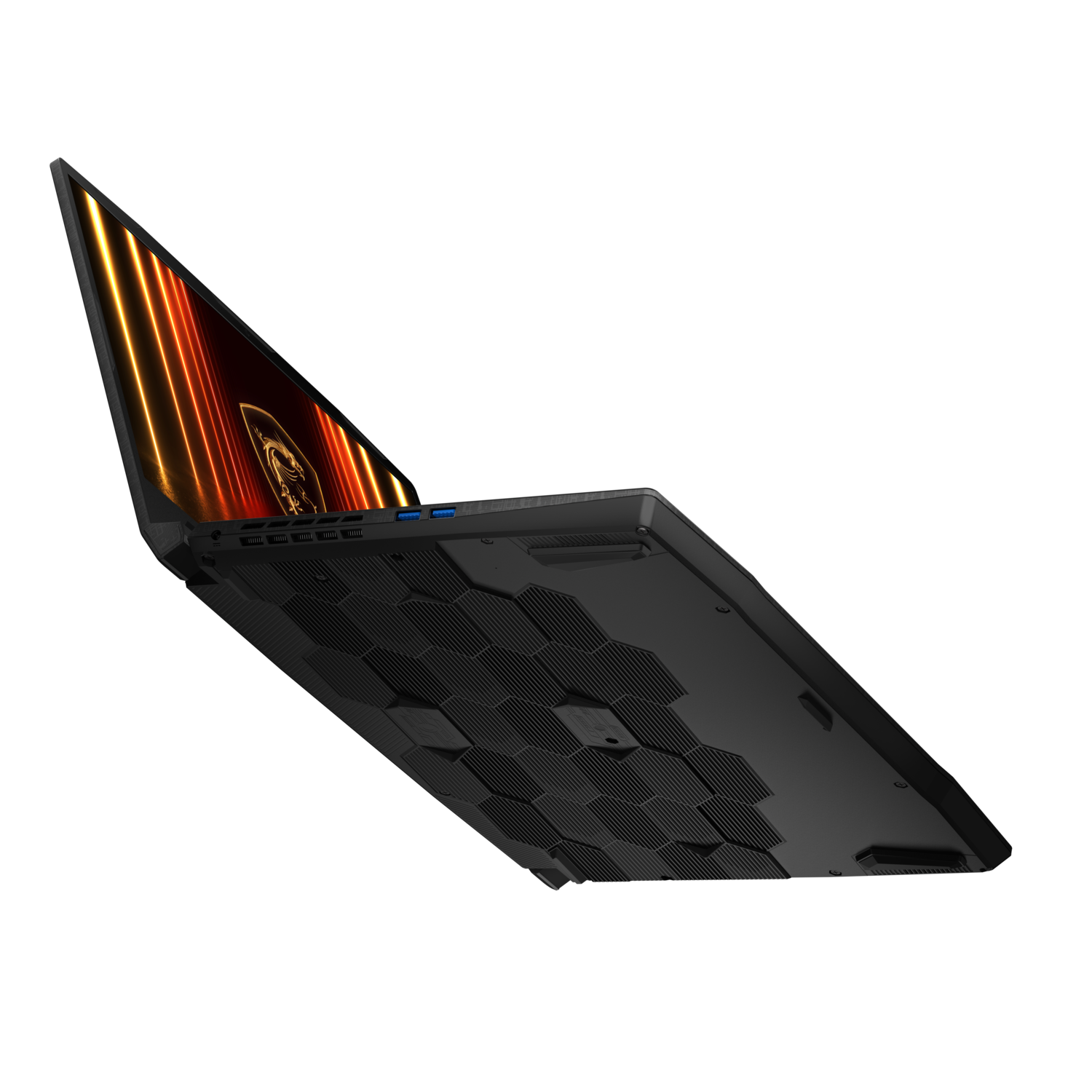 Angled view of a black laptop, showing bottom and ports, on a black background.