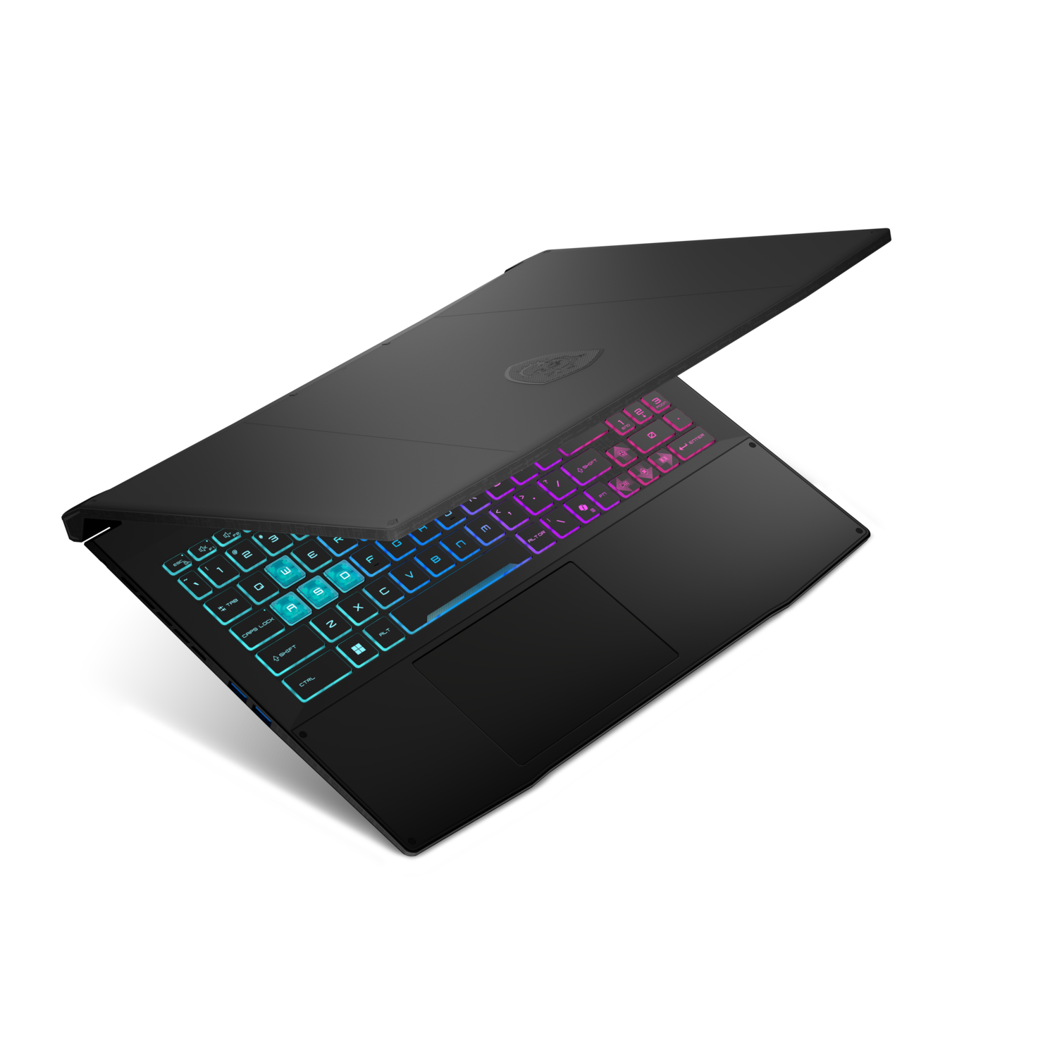 Black MSI laptop partially open, showing keyboard with colorful backlights, on dark background.