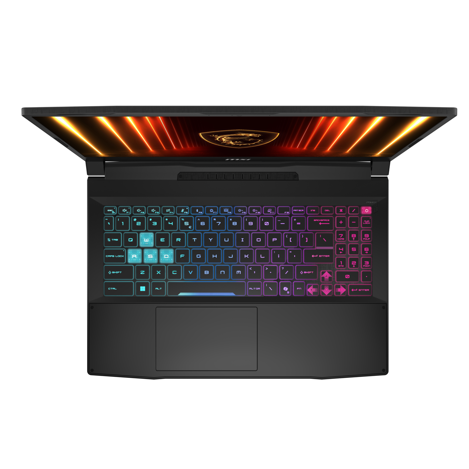 Black MSI laptop opened, showing colorful keyboard and lit screen with a logo, dark background.
