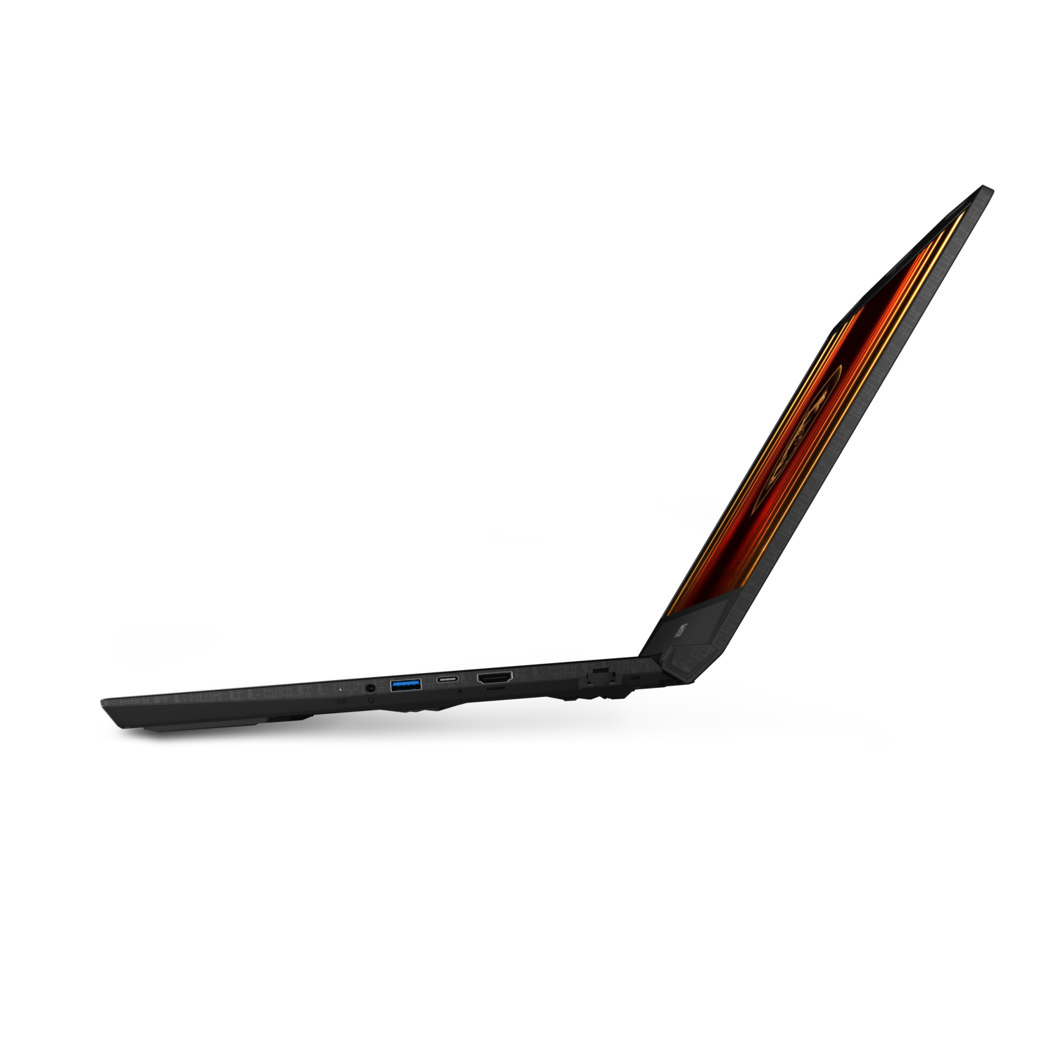 Black MSI laptop, side view, closed, on a dark background.