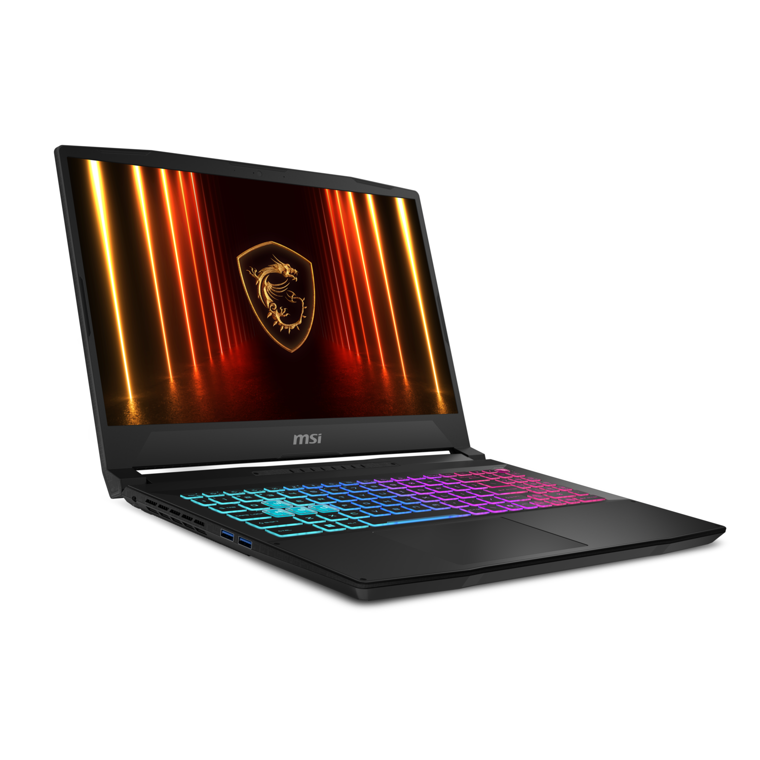 Black laptop angled, lit screen with logo, rainbow keyboard.