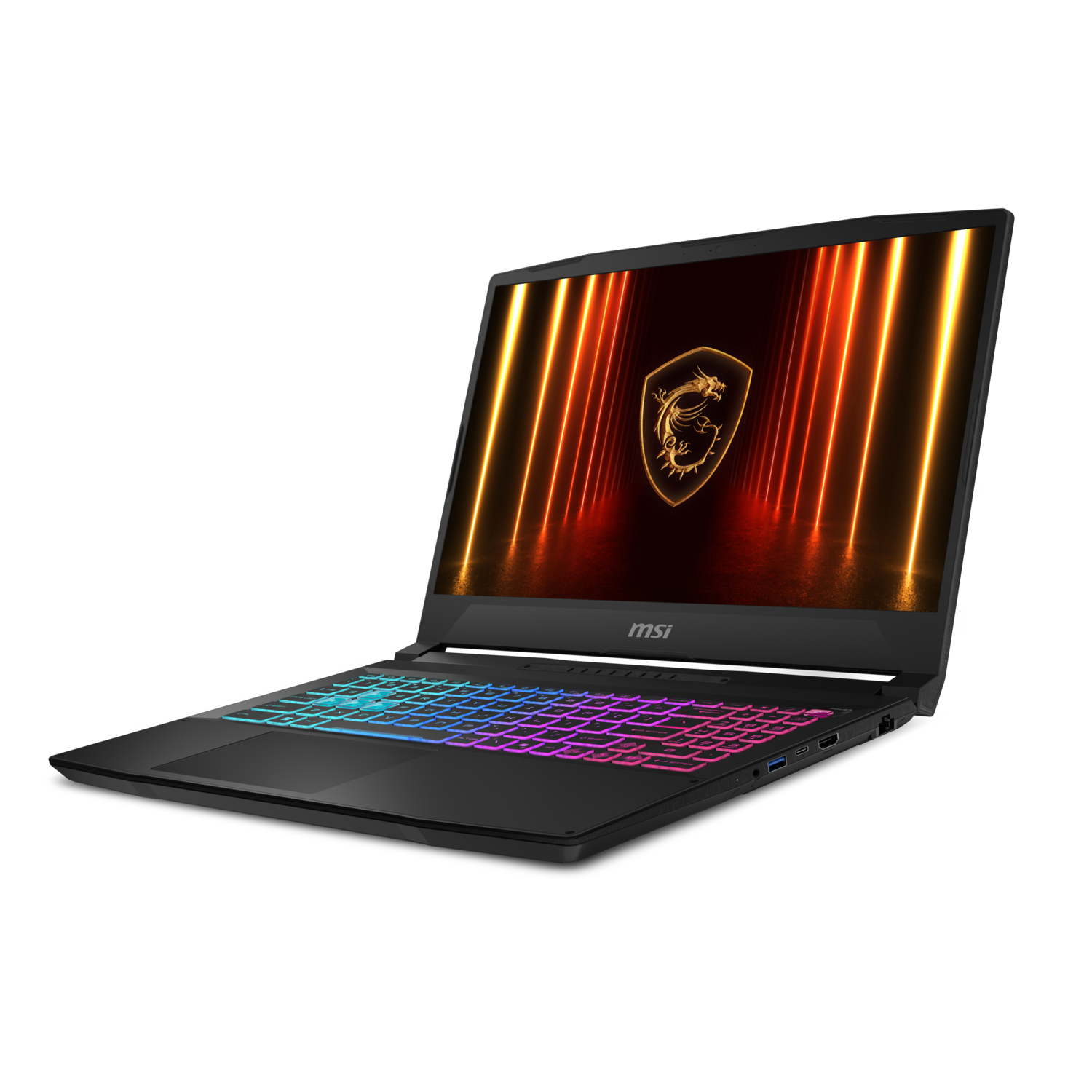 Black laptop angled, lit screen with logo, rainbow keyboard.