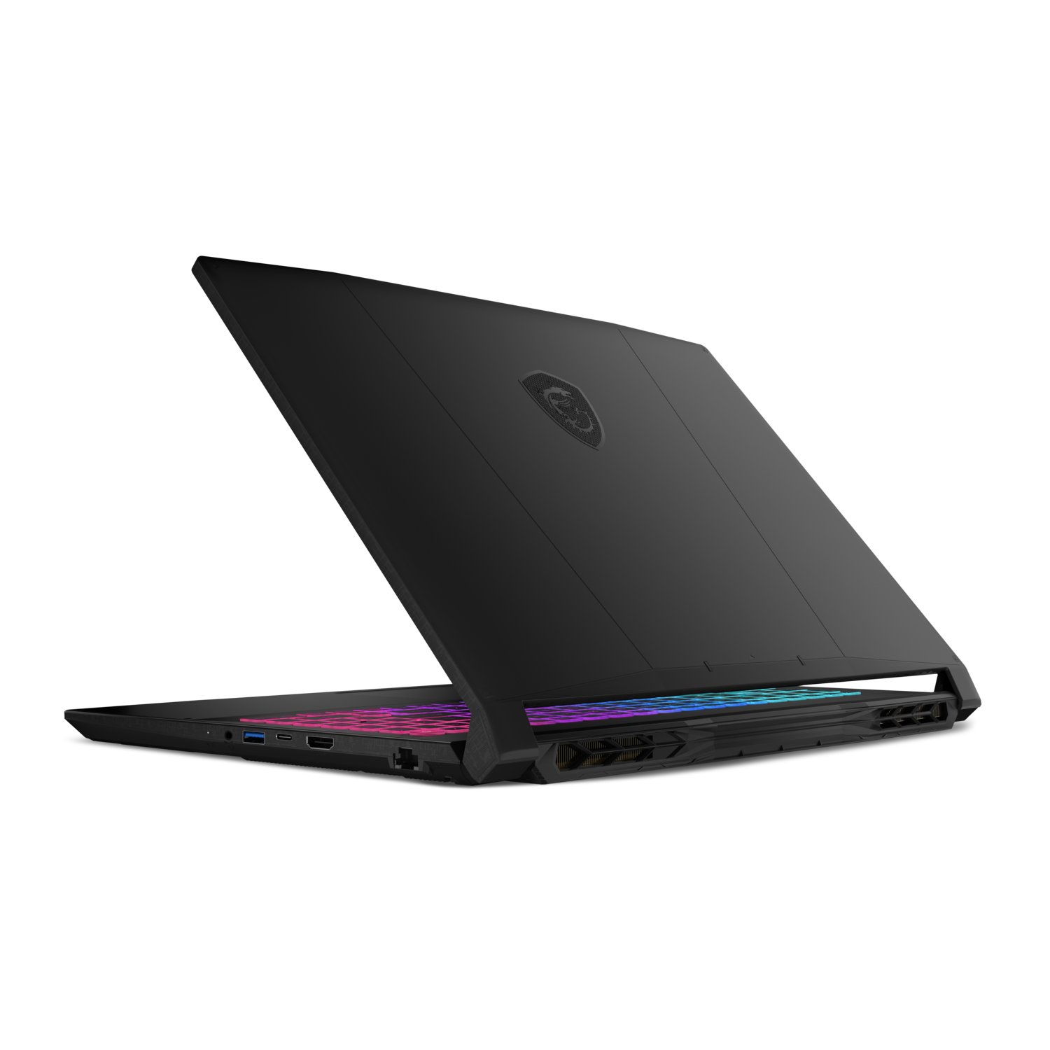 Black laptop, back view, open lid, rainbow keyboard visible, on black.