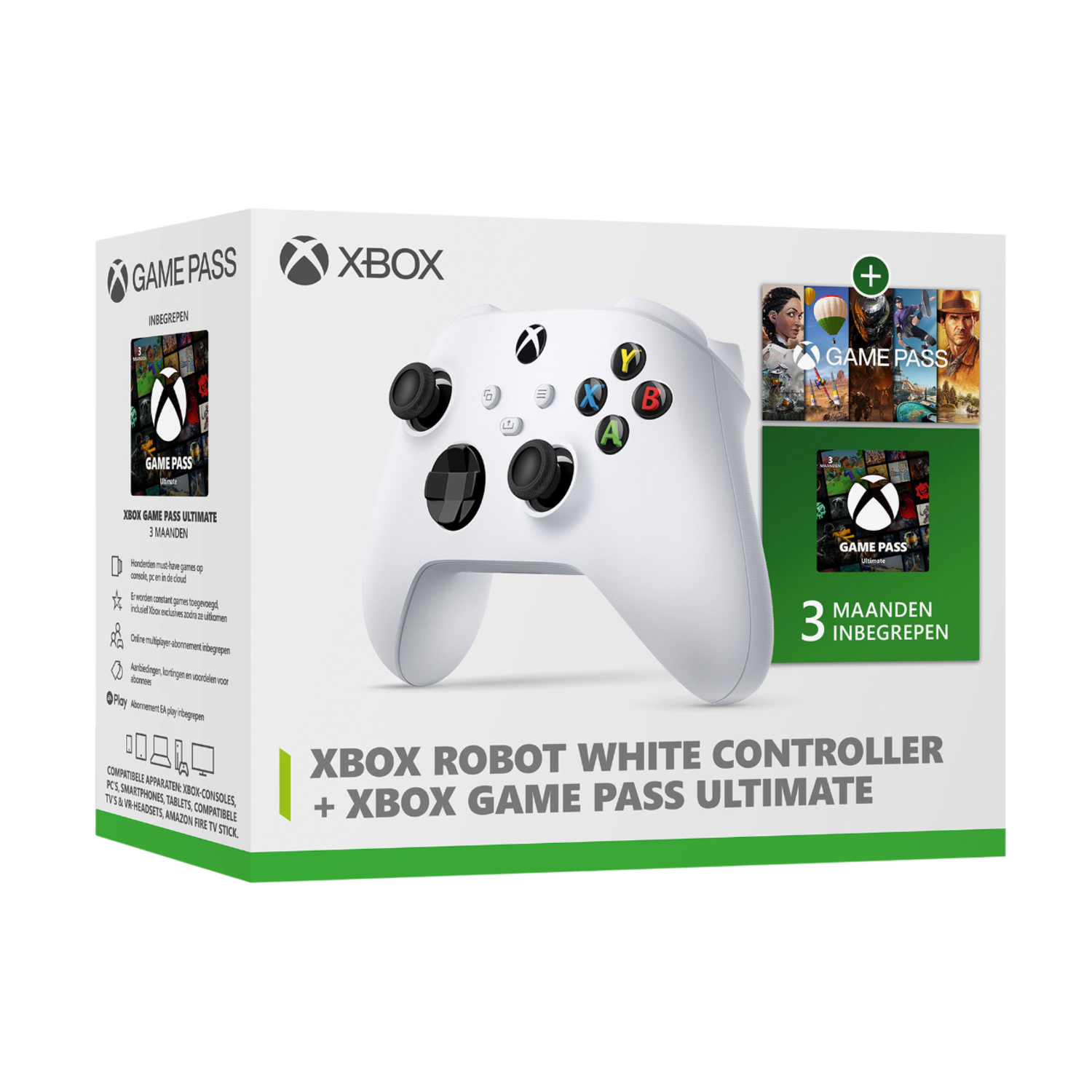 Witte Xbox-controller in een doos, met game pass en gamecovers.