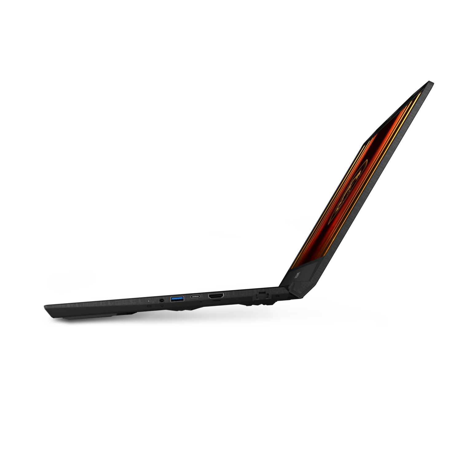 Black laptop from the side, showing the profile and ports, against a black background.
