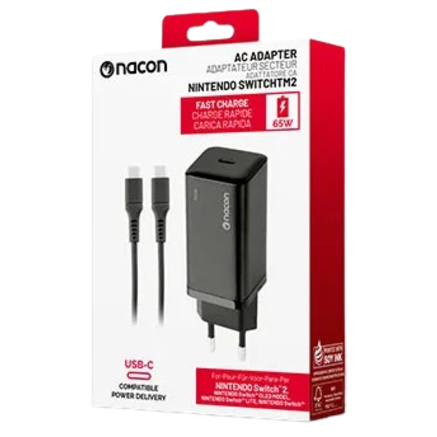 AC adapter for Nintendo Switch in a box, with a USB-C cable.