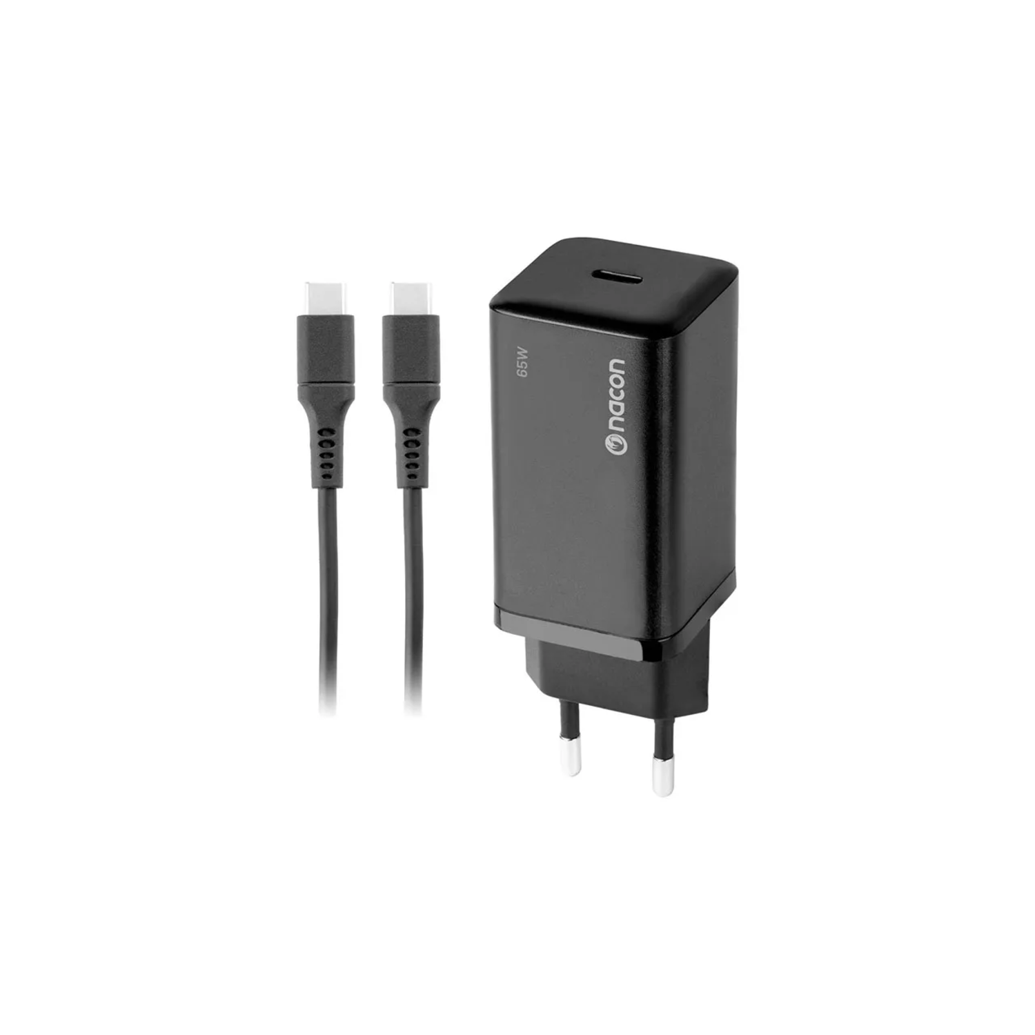 Black AC adapter with a USB-C cable for charging devices.