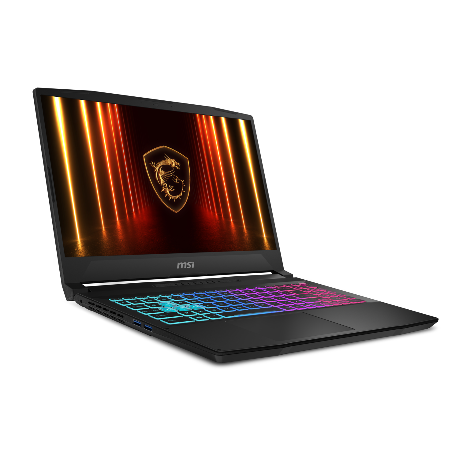 Zwarte MSI-laptop open. Scherm toont logo met oranje lichten. Toetsenbord heeft gekleurde toetsen.