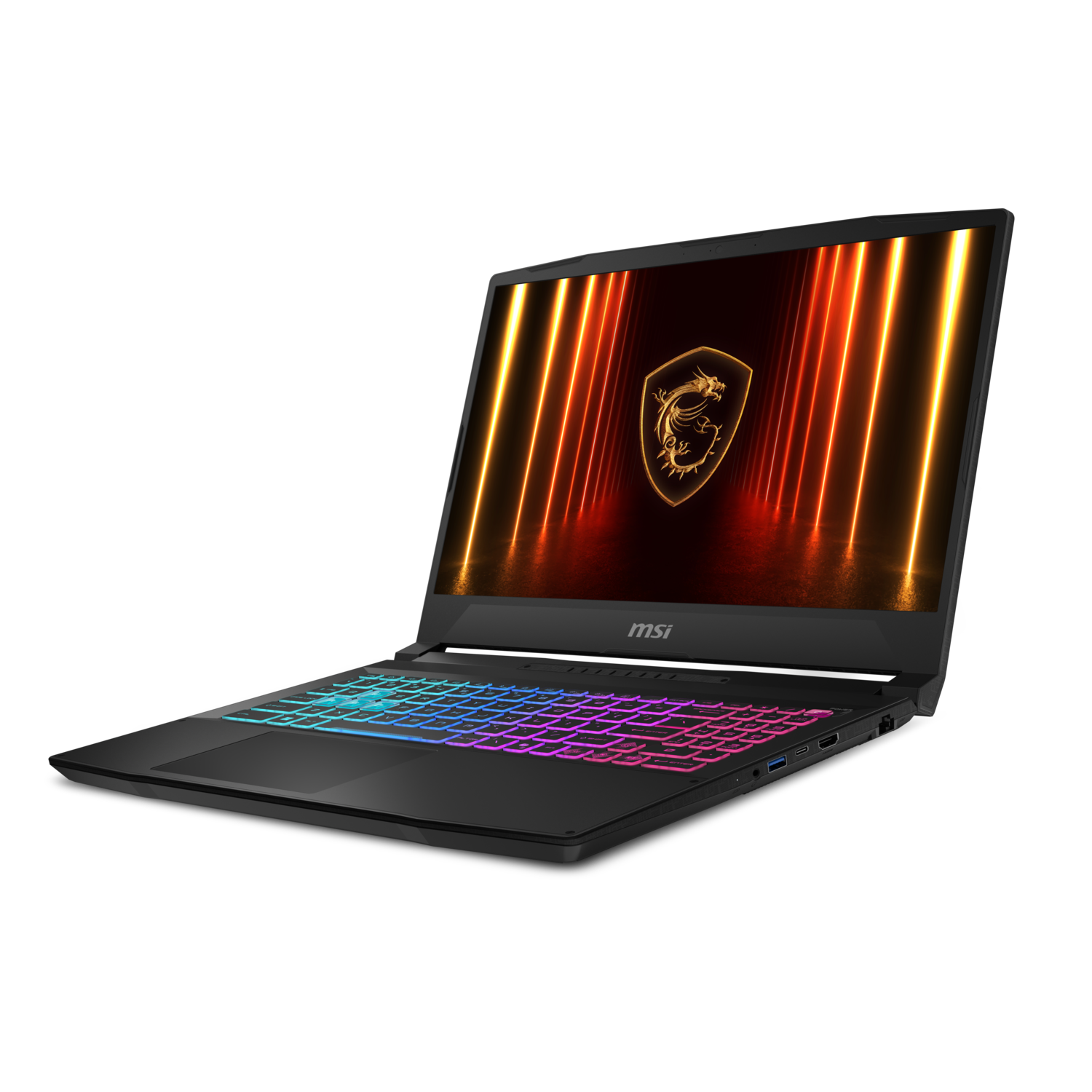 Zwarte MSI-laptop open. Scherm toont logo met oranje lichten. Toetsenbord heeft gekleurde toetsen.
