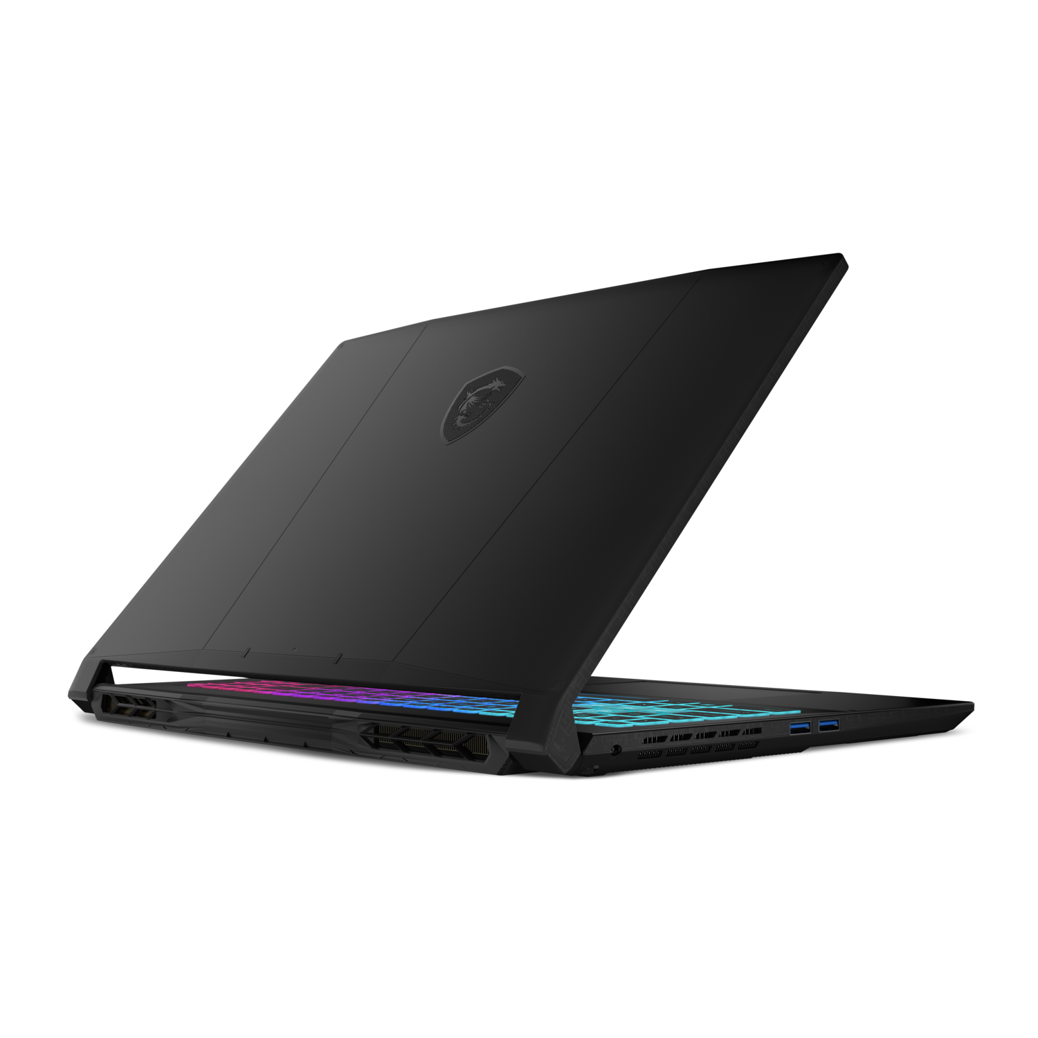 Zwarte laptop omhoog gekanteld, gesloten. Toont achterkant met MSI-logo. Toetsenbord is veelkleurig.