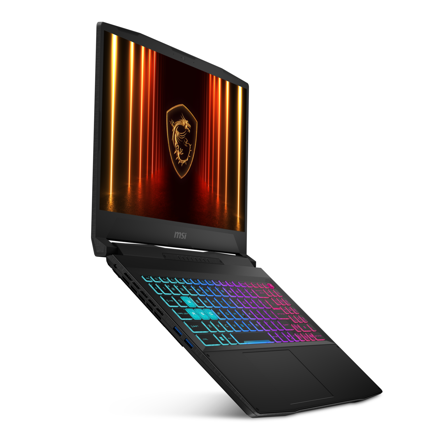 Zwarte laptop open, omhoog gekanteld. Scherm toont logo en oranje lichten. Toetsenbord is gekleurd.