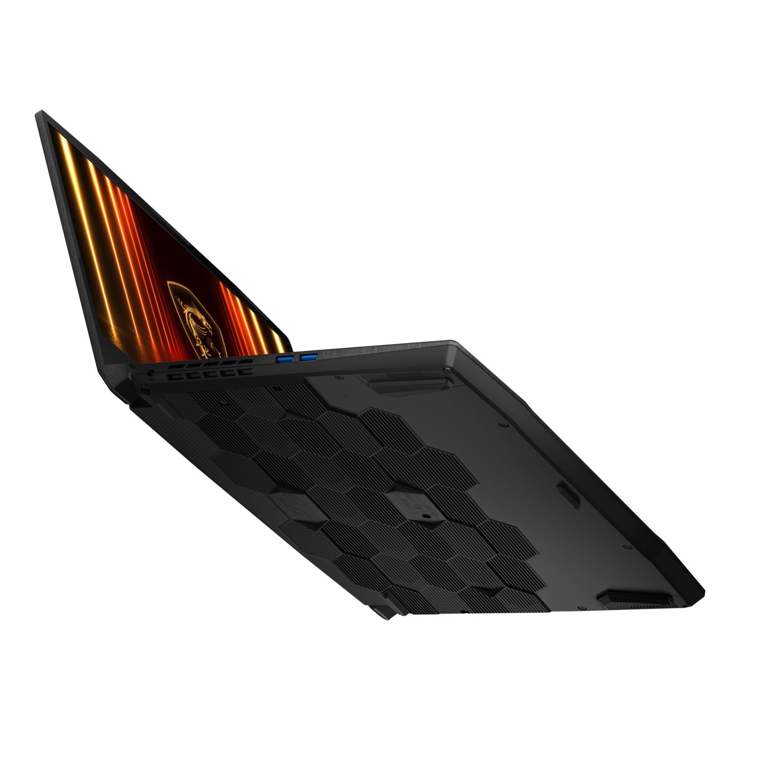 Zwarte laptop omhoog gekanteld. Scherm toont oranje lichten. Onderkant heeft een zeshoekig ontwerp.